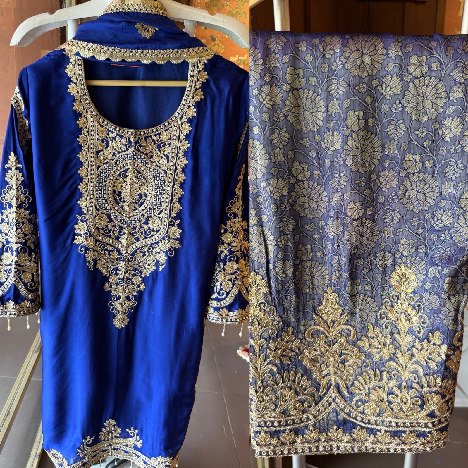 Embroidered designer Suit Set on PURE SATIN SILK WITH BROCADE PANTS