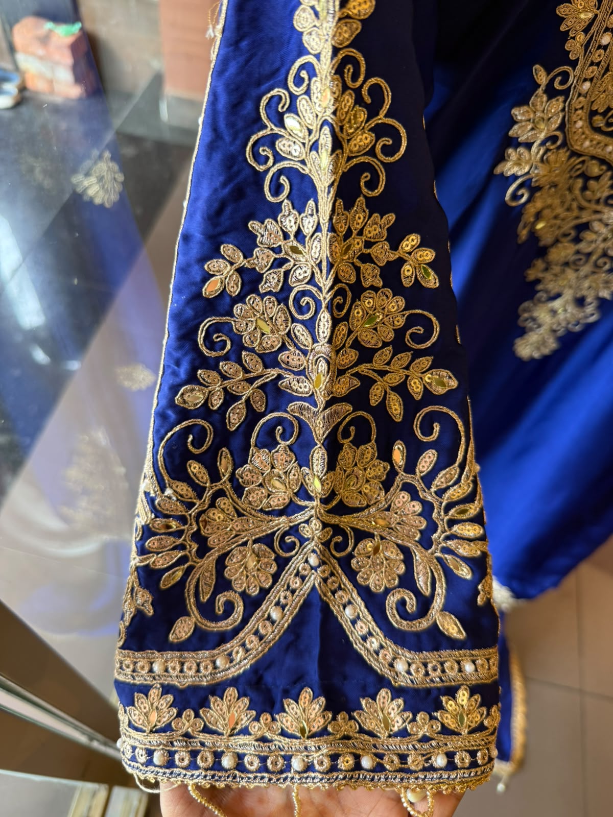 Embroidered designer Suit Set on PURE SATIN SILK WITH BROCADE PANTS