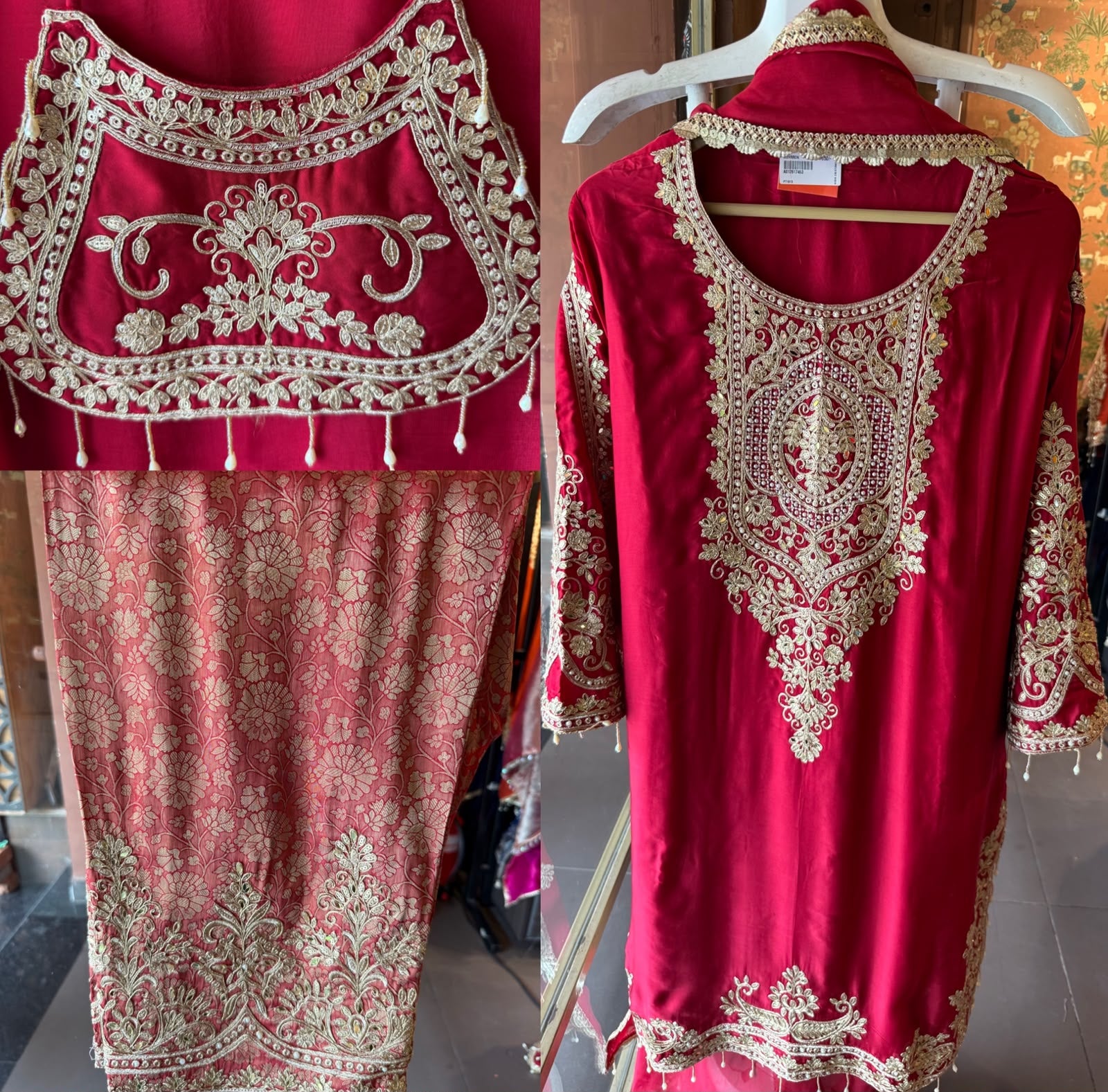 Embroidered designer Suit Set on PURE SATIN SILK WITH BROCADE PANTS