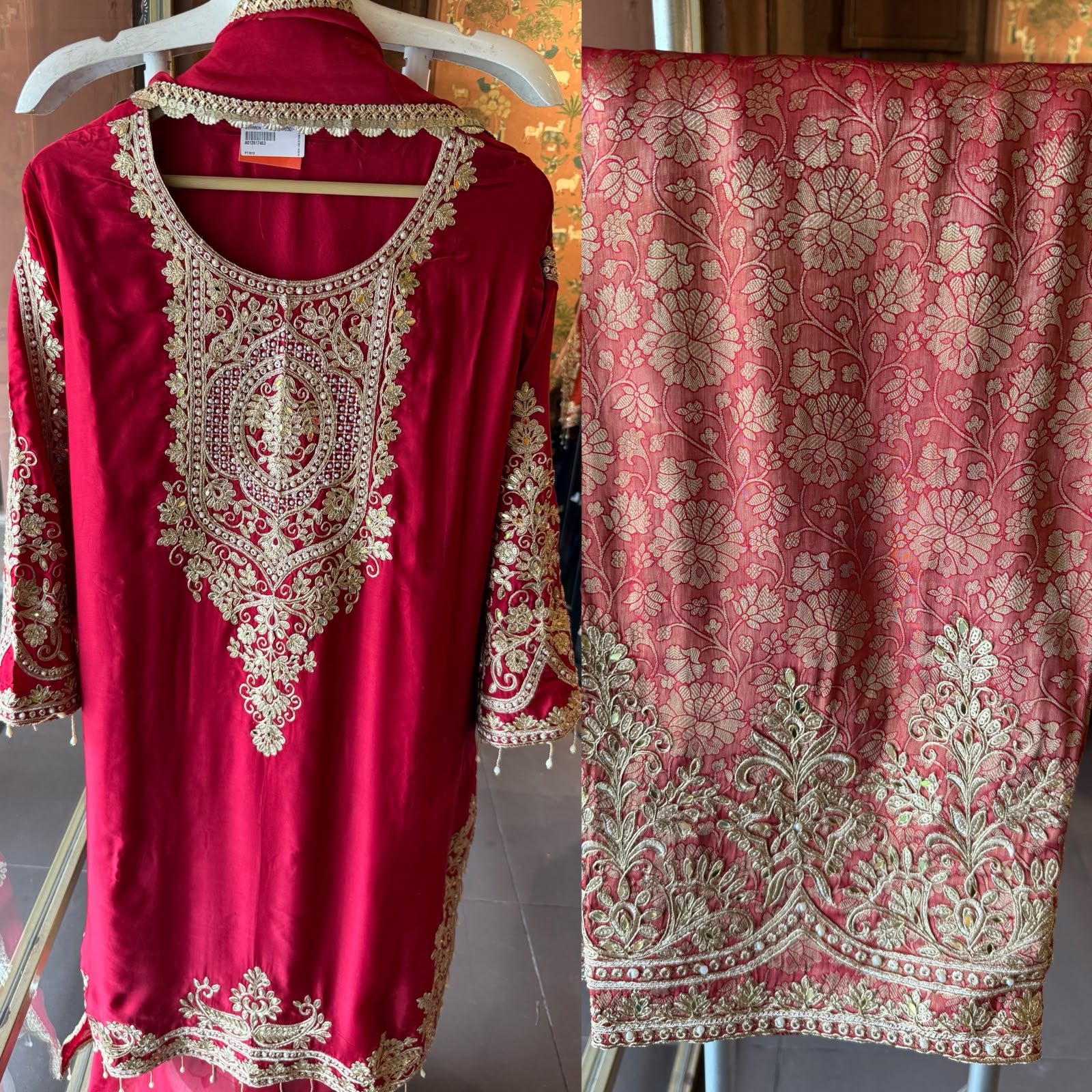 Embroidered designer Suit Set on PURE SATIN SILK WITH BROCADE PANTS