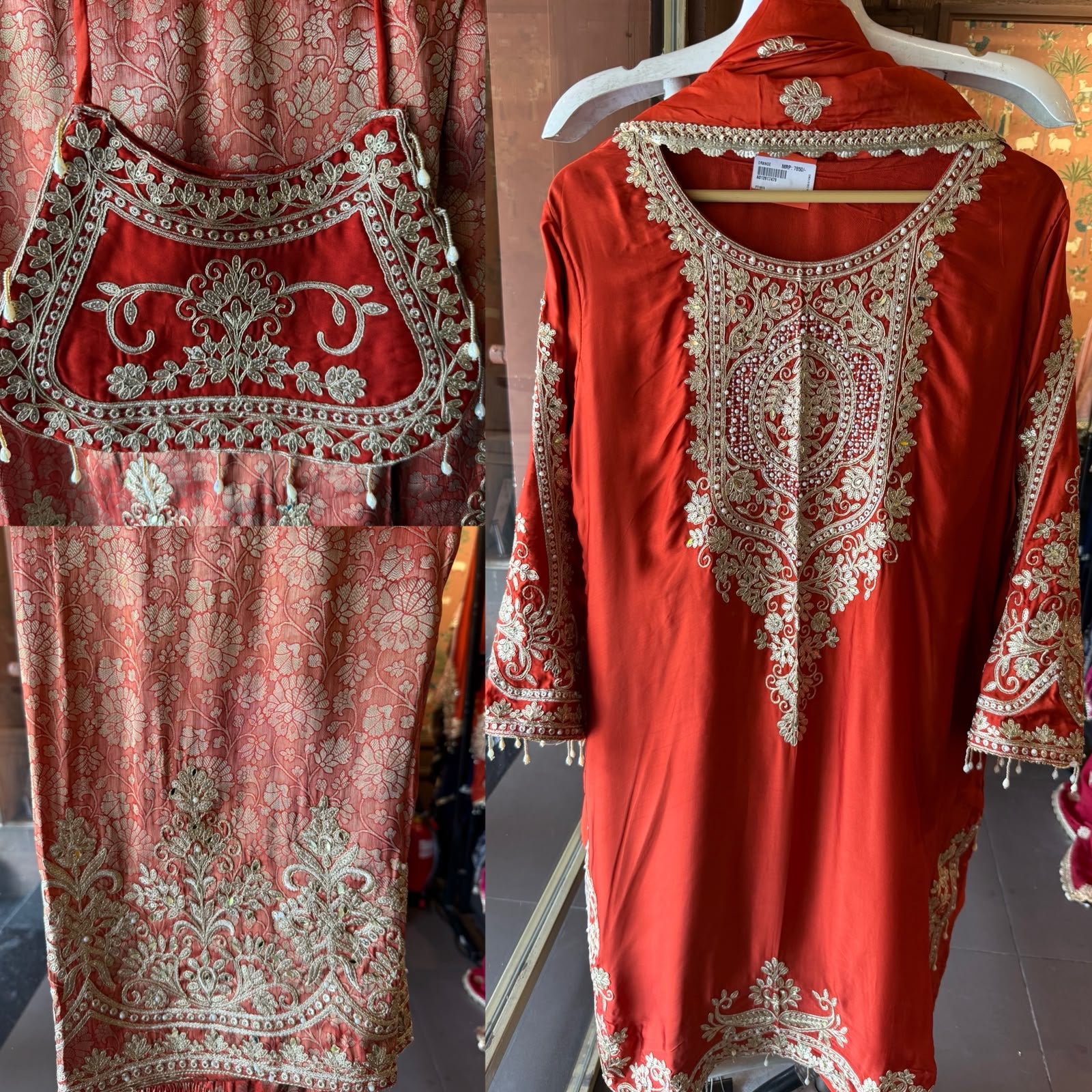 Embroidered designer Suit Set on PURE SATIN SILK WITH BROCADE PANTS