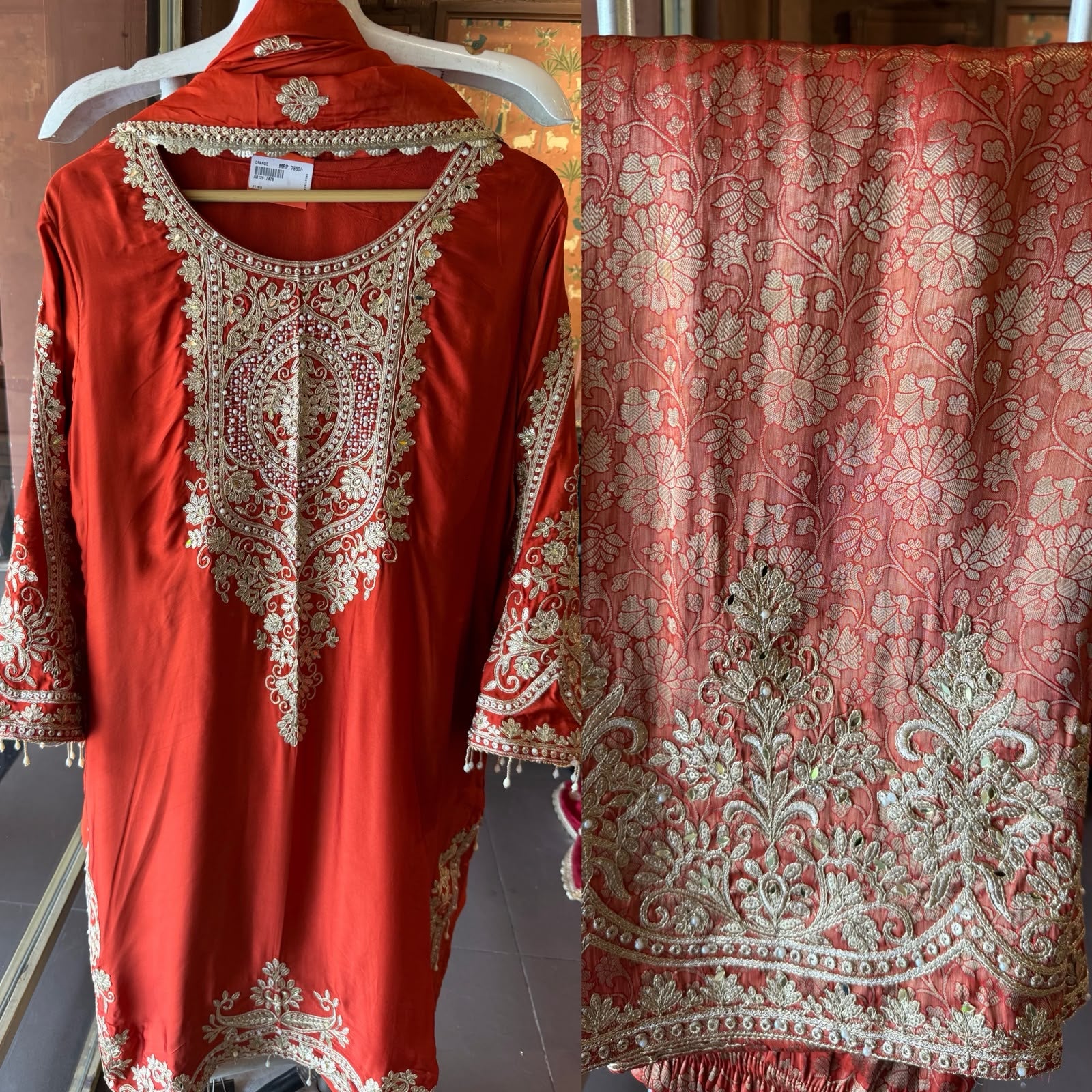 Embroidered designer Suit Set on PURE SATIN SILK WITH BROCADE PANTS