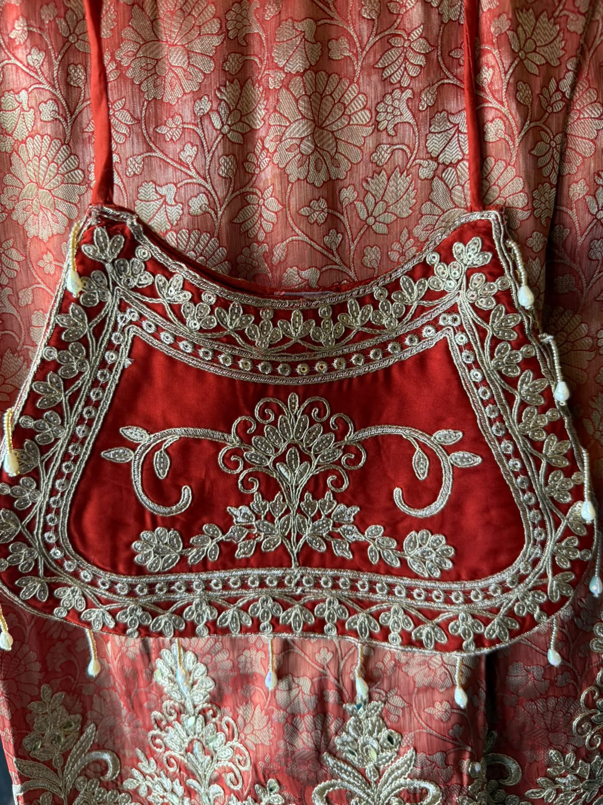 Embroidered designer Suit Set on PURE SATIN SILK WITH BROCADE PANTS
