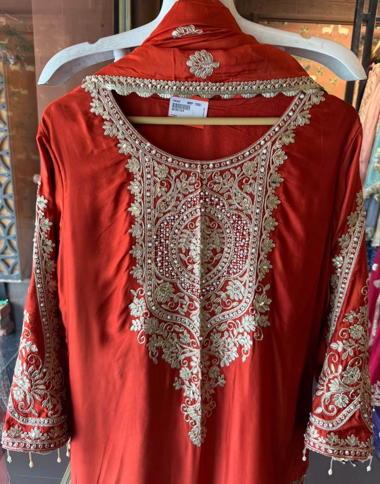Embroidered designer Suit Set on PURE SATIN SILK WITH BROCADE PANTS