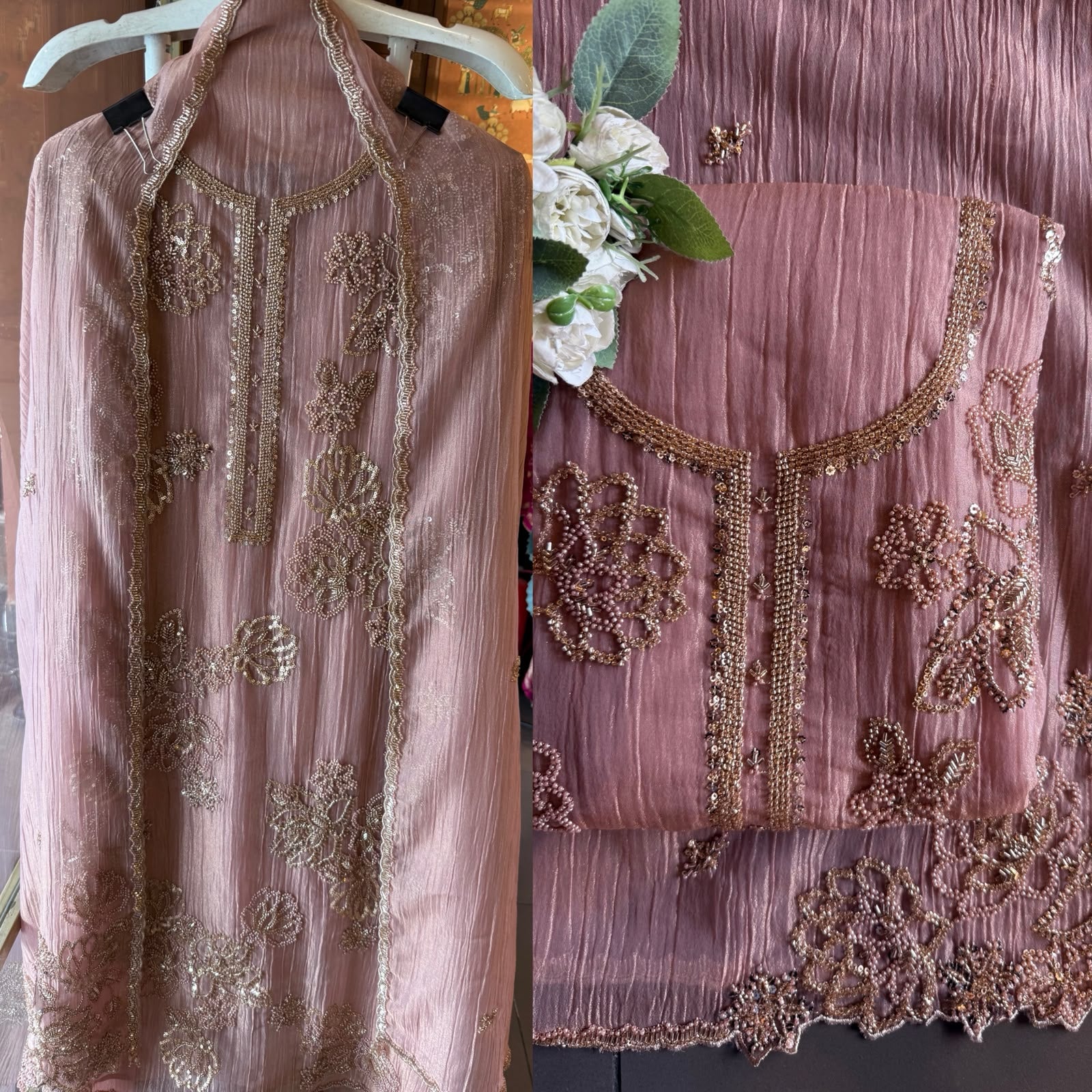 Hand Beaded Luxury Suit Set on Crushed tissue