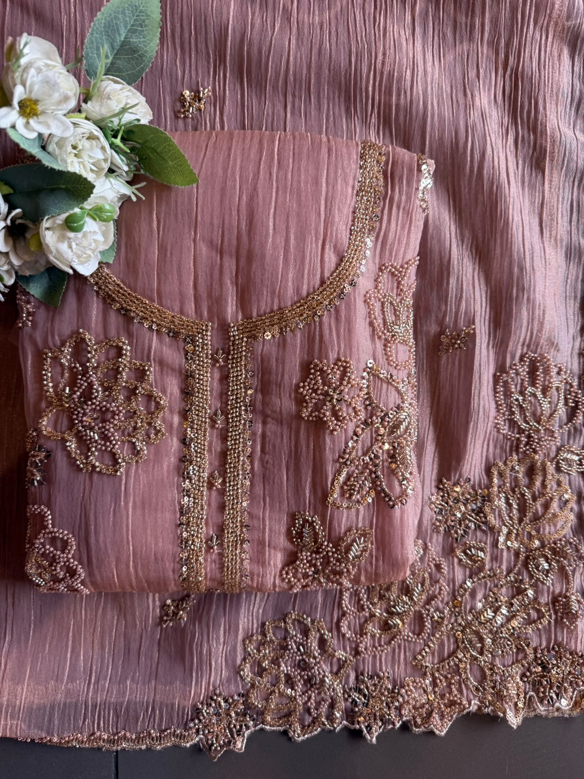 Hand Beaded Luxury Suit Set on Crushed tissue