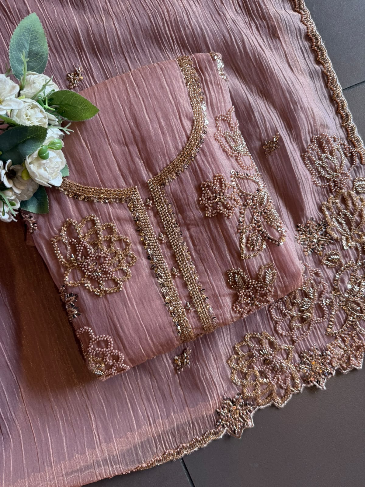 Hand Beaded Luxury Suit Set on Crushed tissue