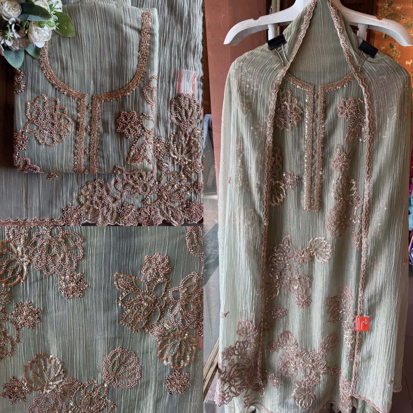 Hand Beaded Luxury Suit Set on Crushed tissue