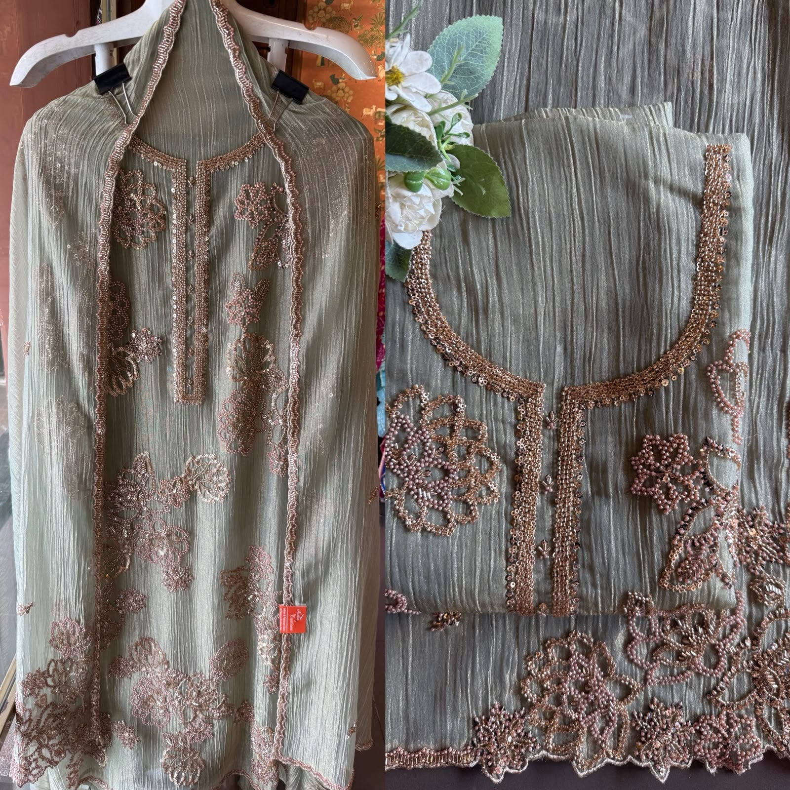 Hand Beaded Luxury Suit Set on Crushed tissue