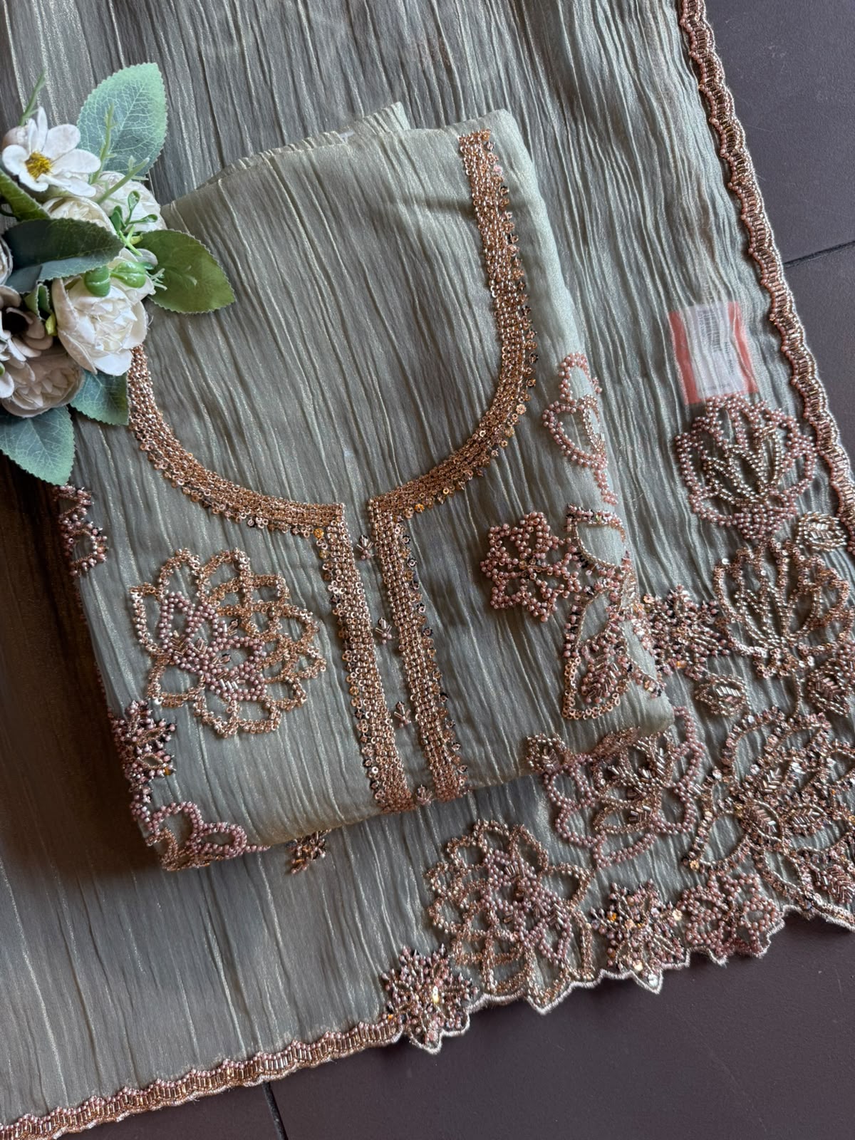 Hand Beaded Luxury Suit Set on Crushed tissue