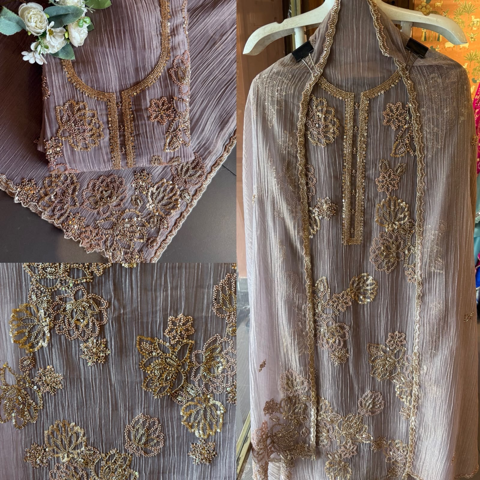 Hand Beaded Luxury Suit Set on Crushed tissue