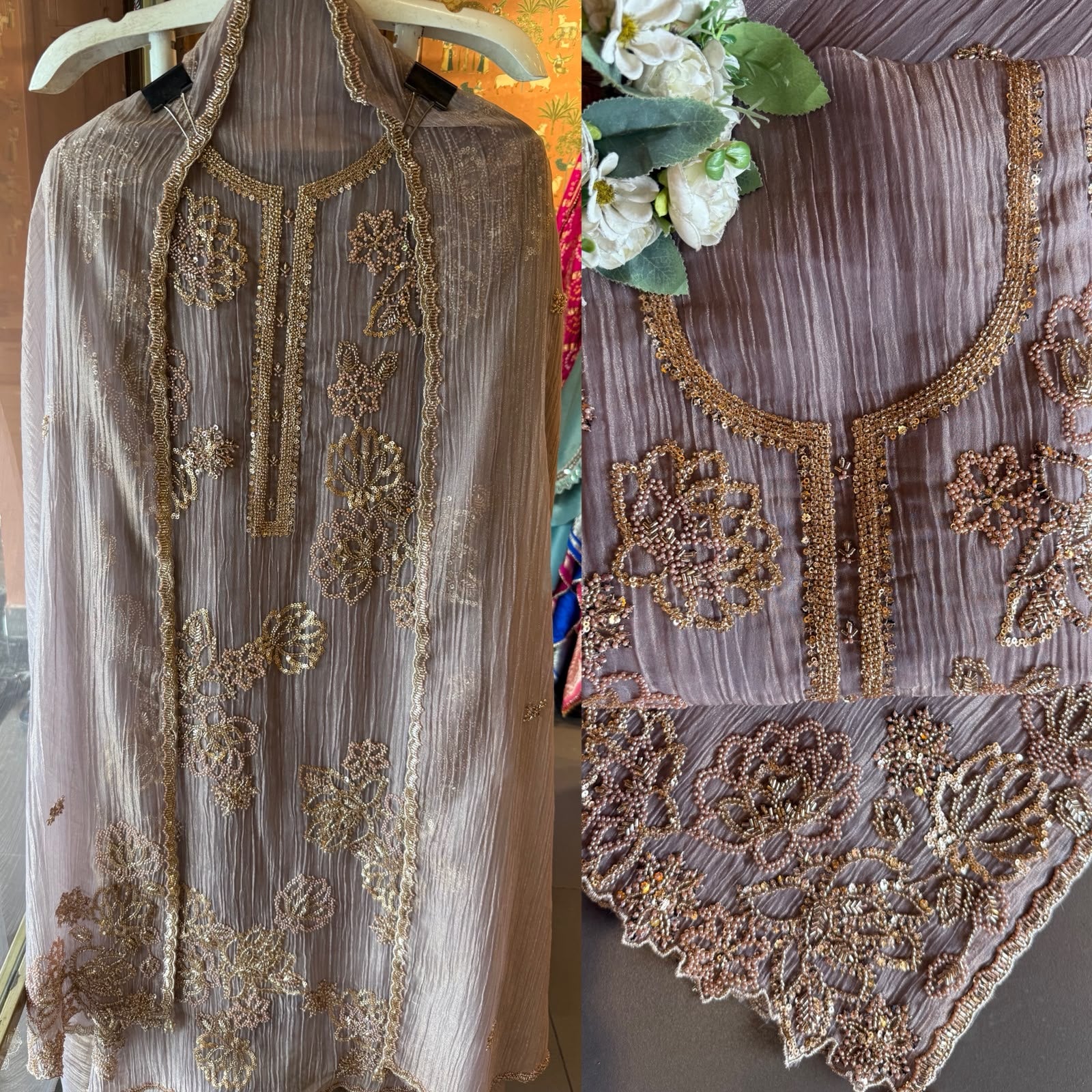 Hand Beaded Luxury Suit Set on Crushed tissue