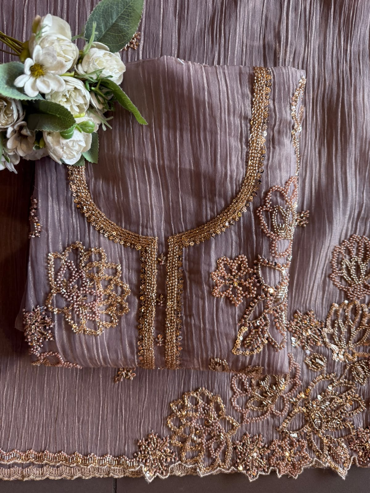 Hand Beaded Luxury Suit Set on Crushed tissue