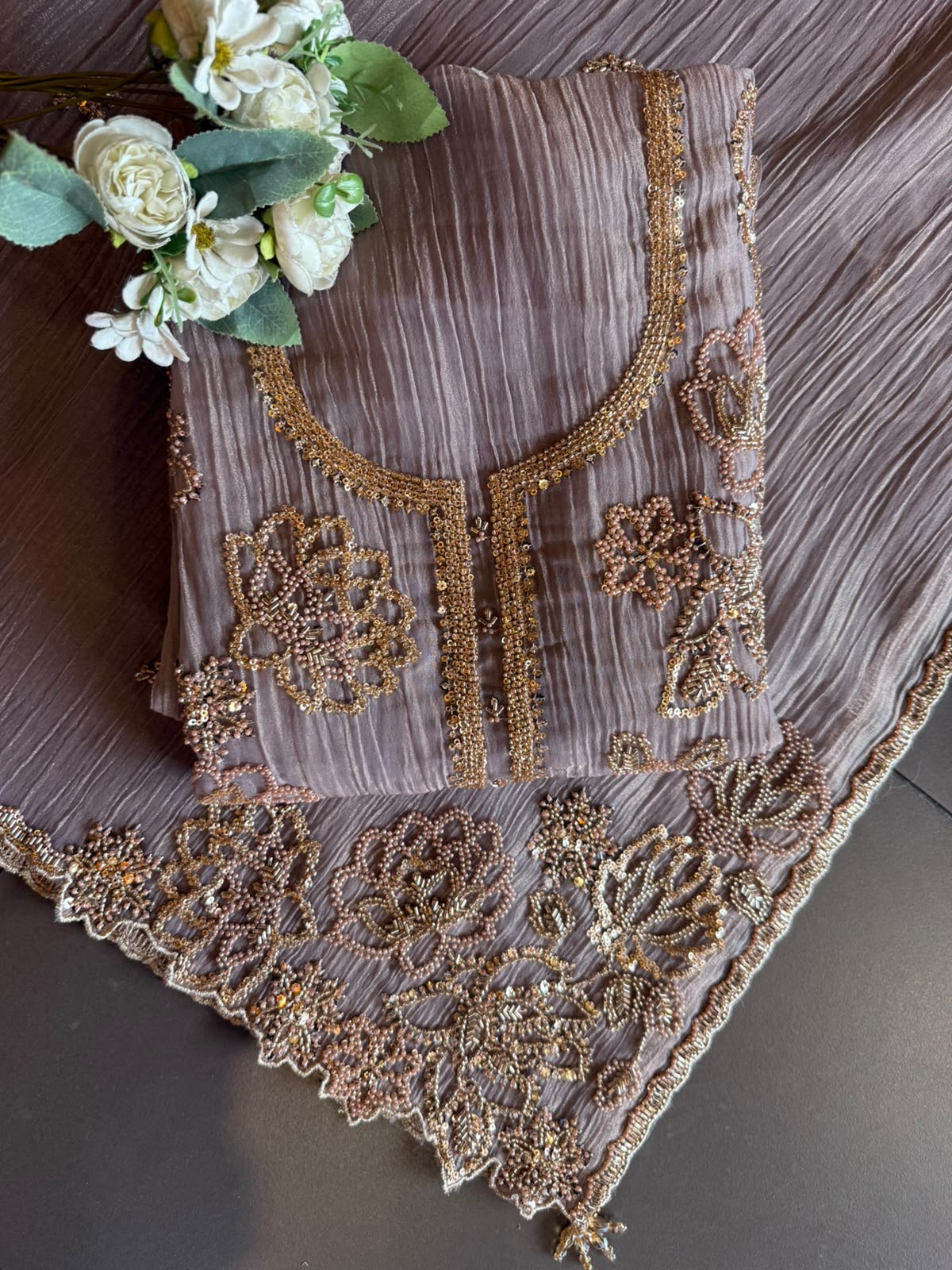 Hand Beaded Luxury Suit Set on Crushed tissue