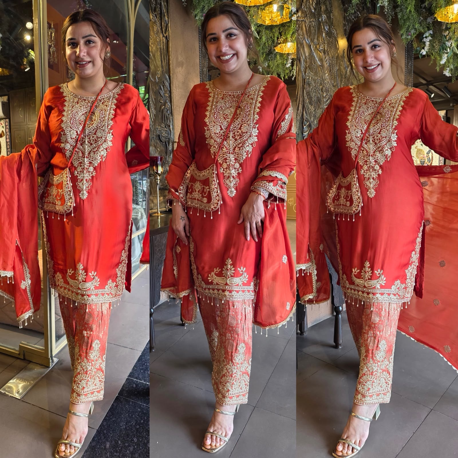 Embroidered designer Suit Set on PURE SATIN SILK WITH BROCADE PANTS