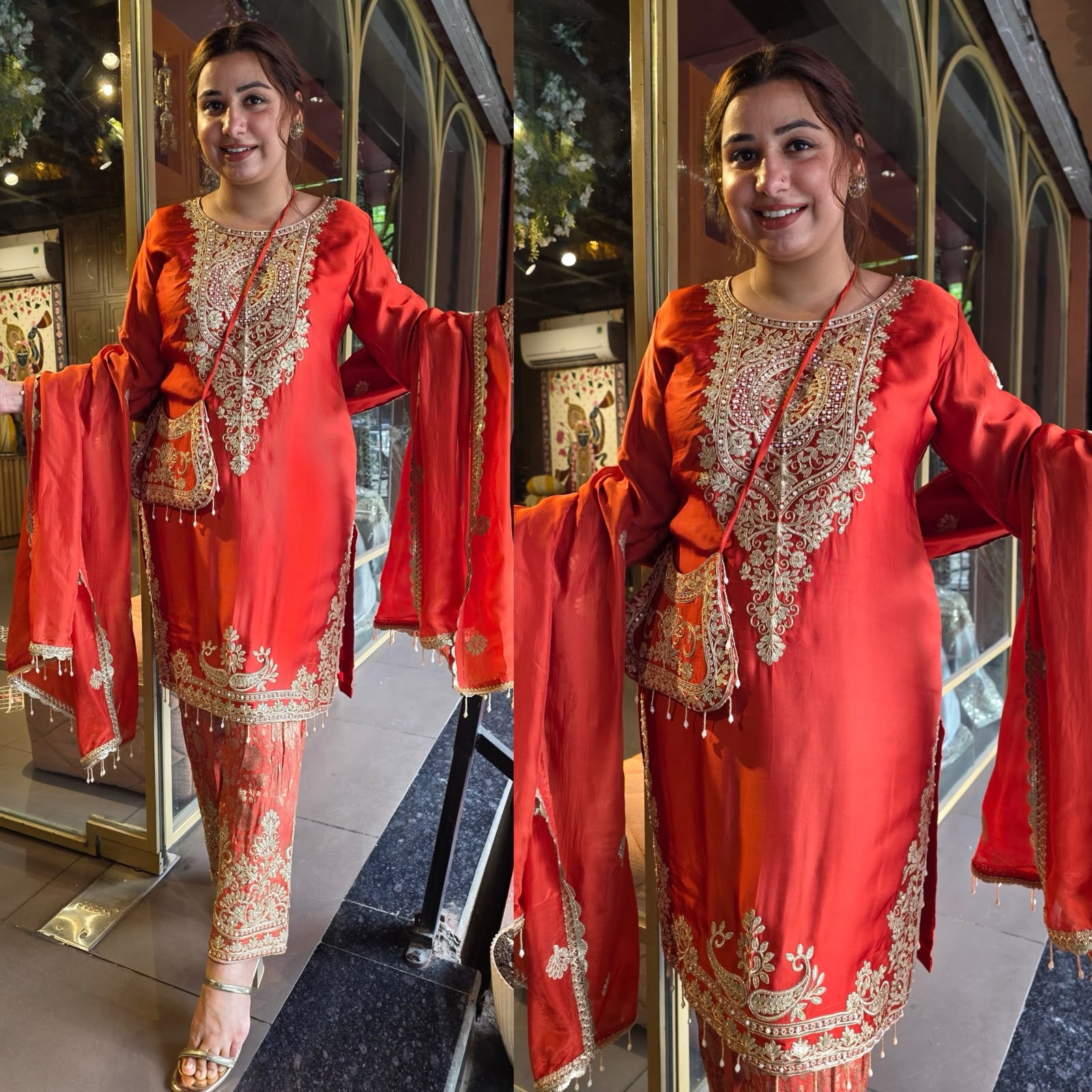 Embroidered designer Suit Set on PURE SATIN SILK WITH BROCADE PANTS