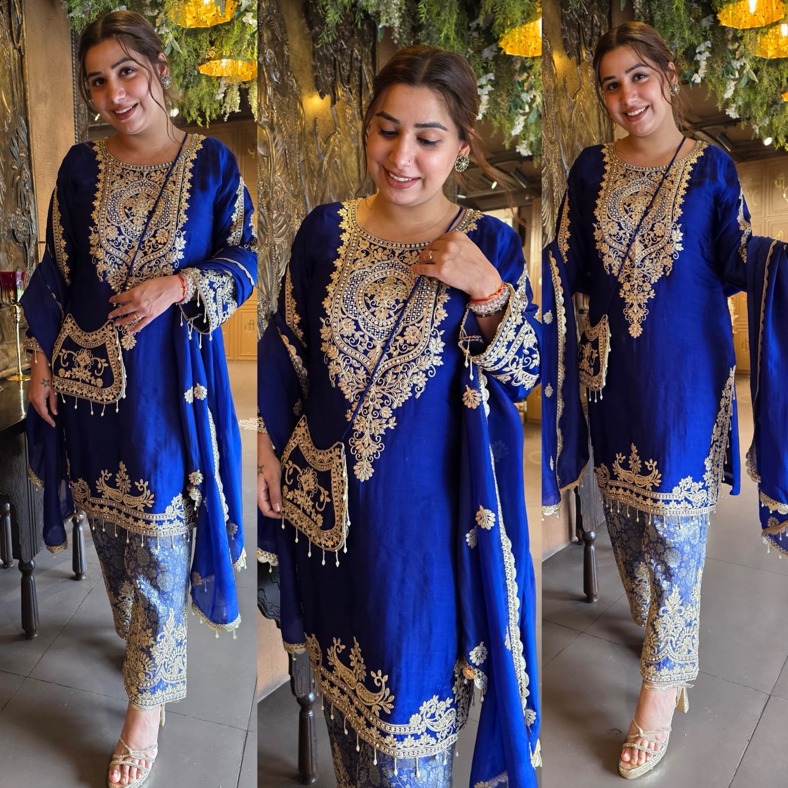 Embroidered designer Suit Set on PURE SATIN SILK WITH BROCADE PANTS