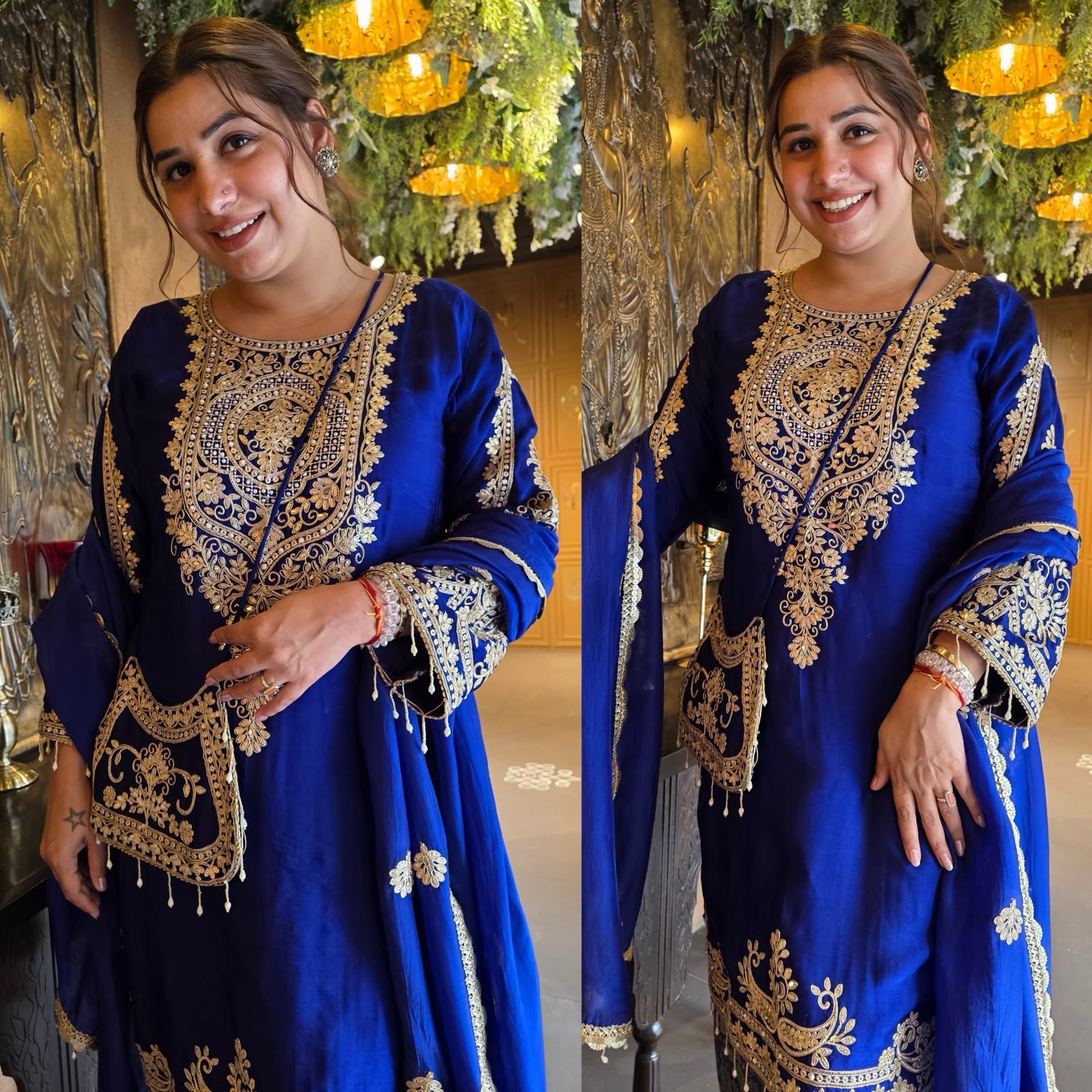 Embroidered designer Suit Set on PURE SATIN SILK WITH BROCADE PANTS