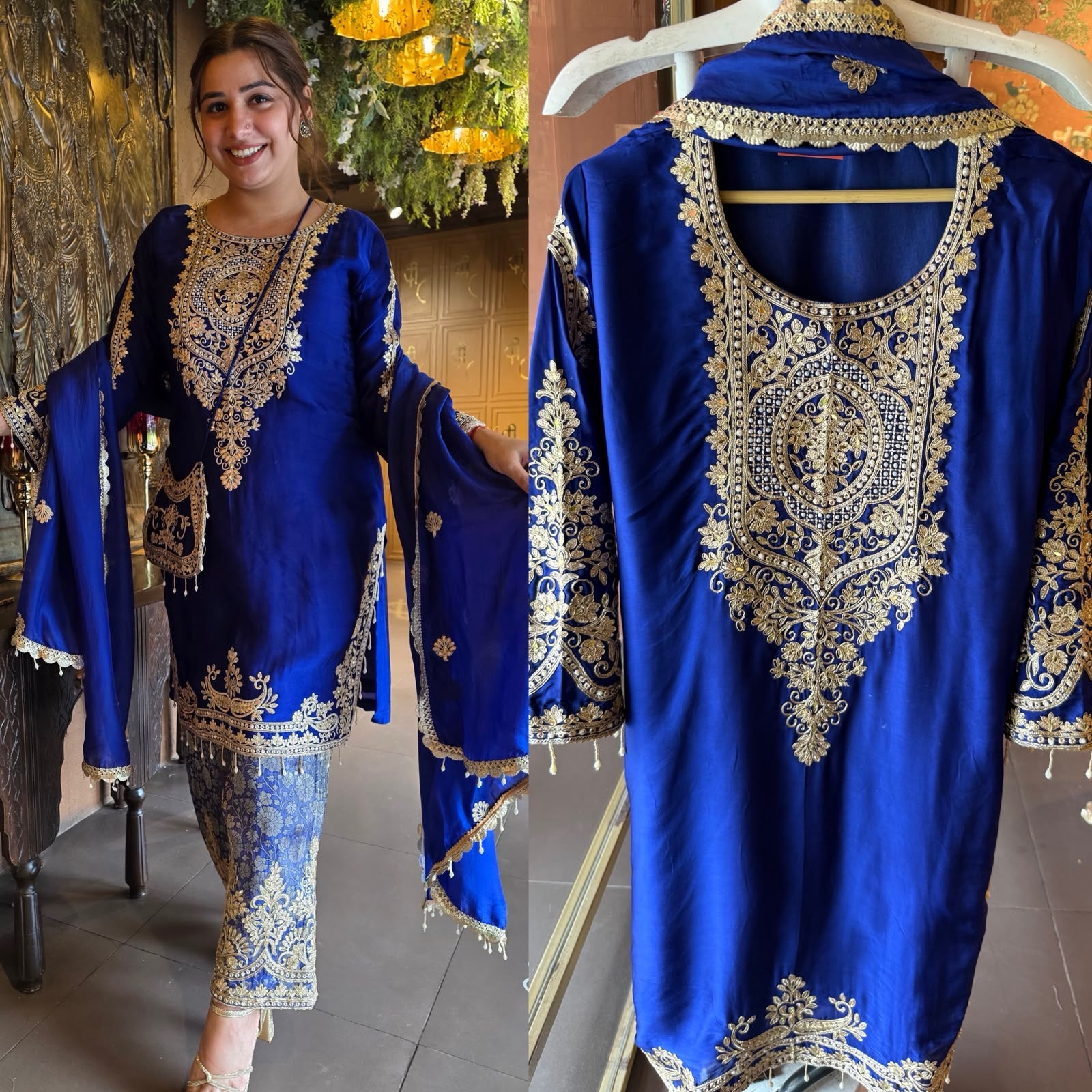 Embroidered designer Suit Set on PURE SATIN SILK WITH BROCADE PANTS