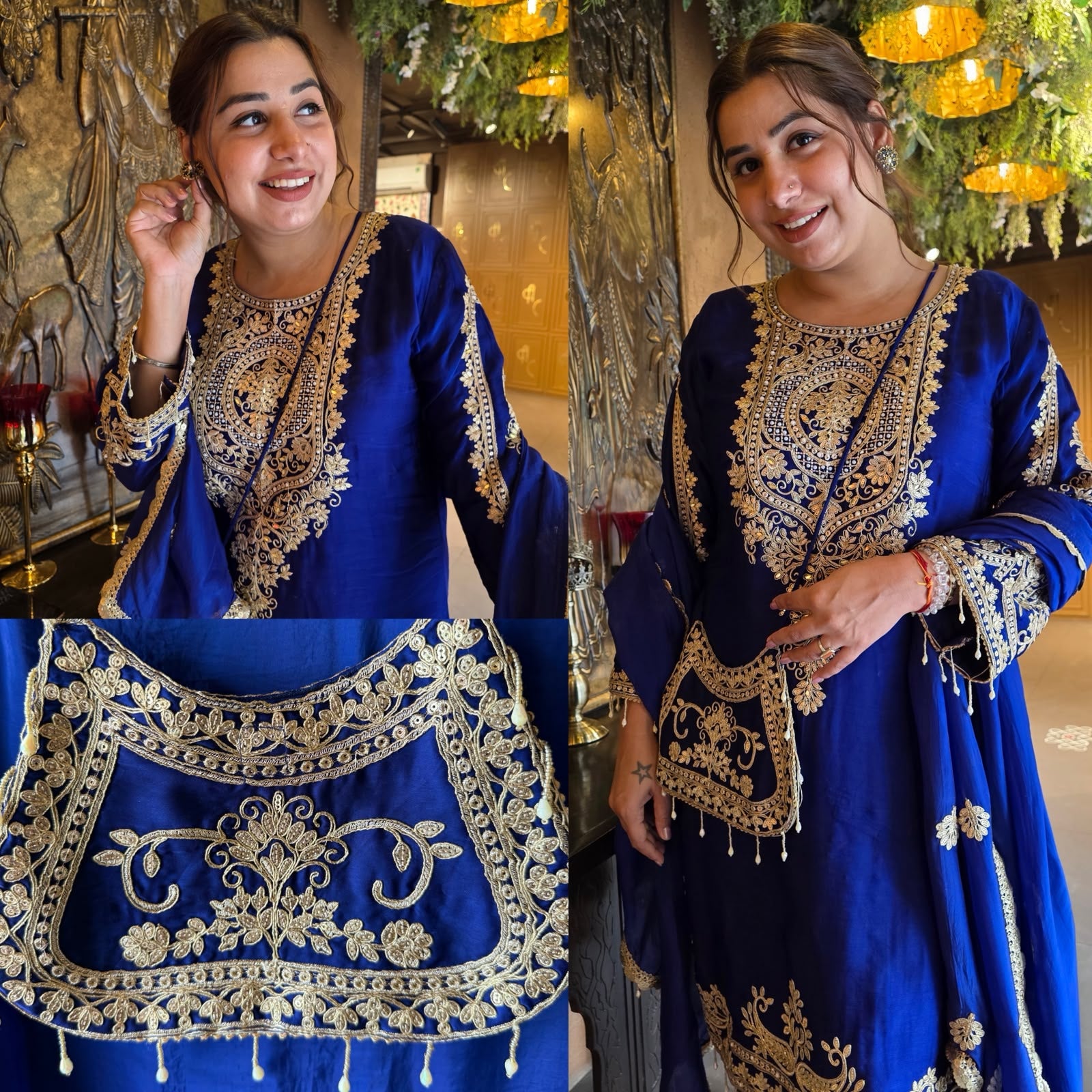 Embroidered designer Suit Set on PURE SATIN SILK WITH BROCADE PANTS