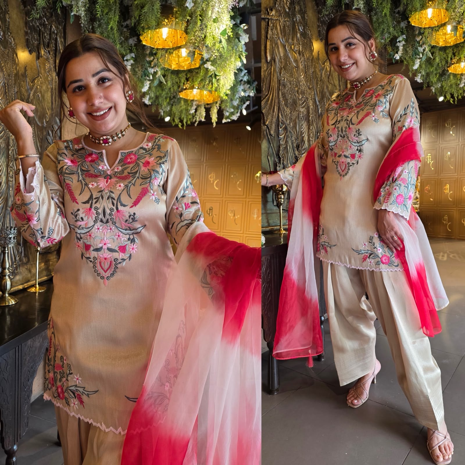 Floral Multi coloured thread Embroidered Suit Set