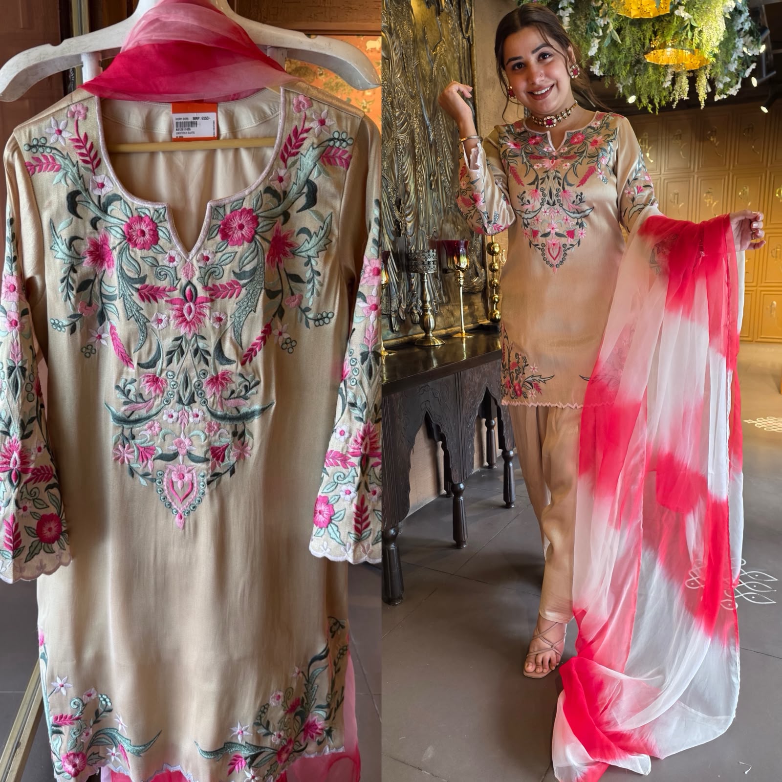 Floral Multi coloured thread Embroidered Suit Set