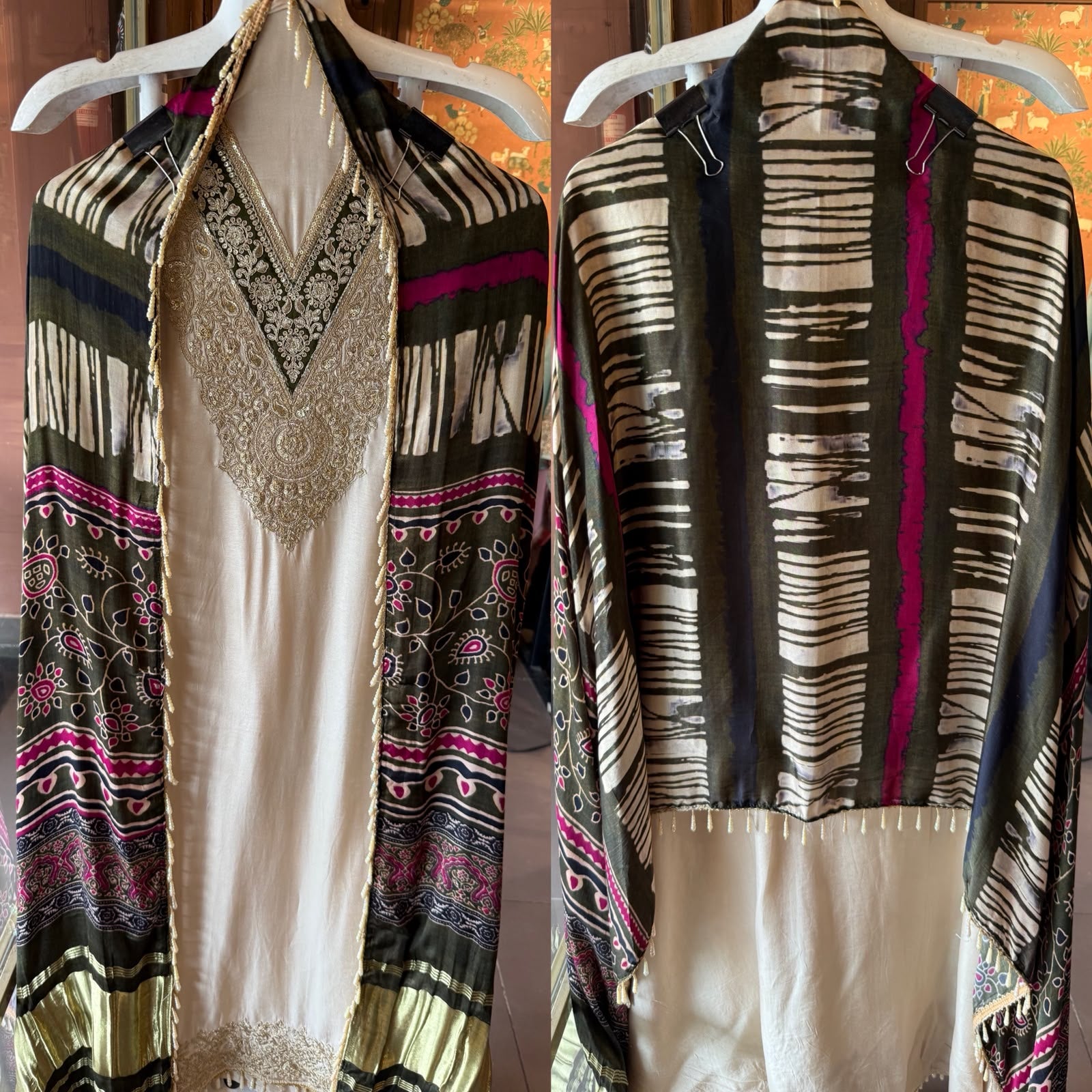 Ajrakh Printed  GAJJI Silk unstitched suit with  Dupattas and Potli bags