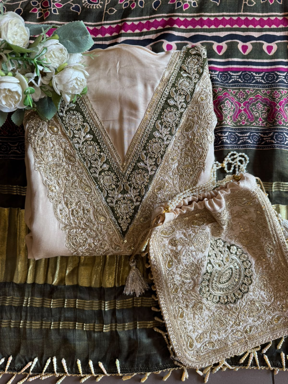 Ajrakh Printed  GAJJI Silk unstitched suit with  Dupattas and Potli bags