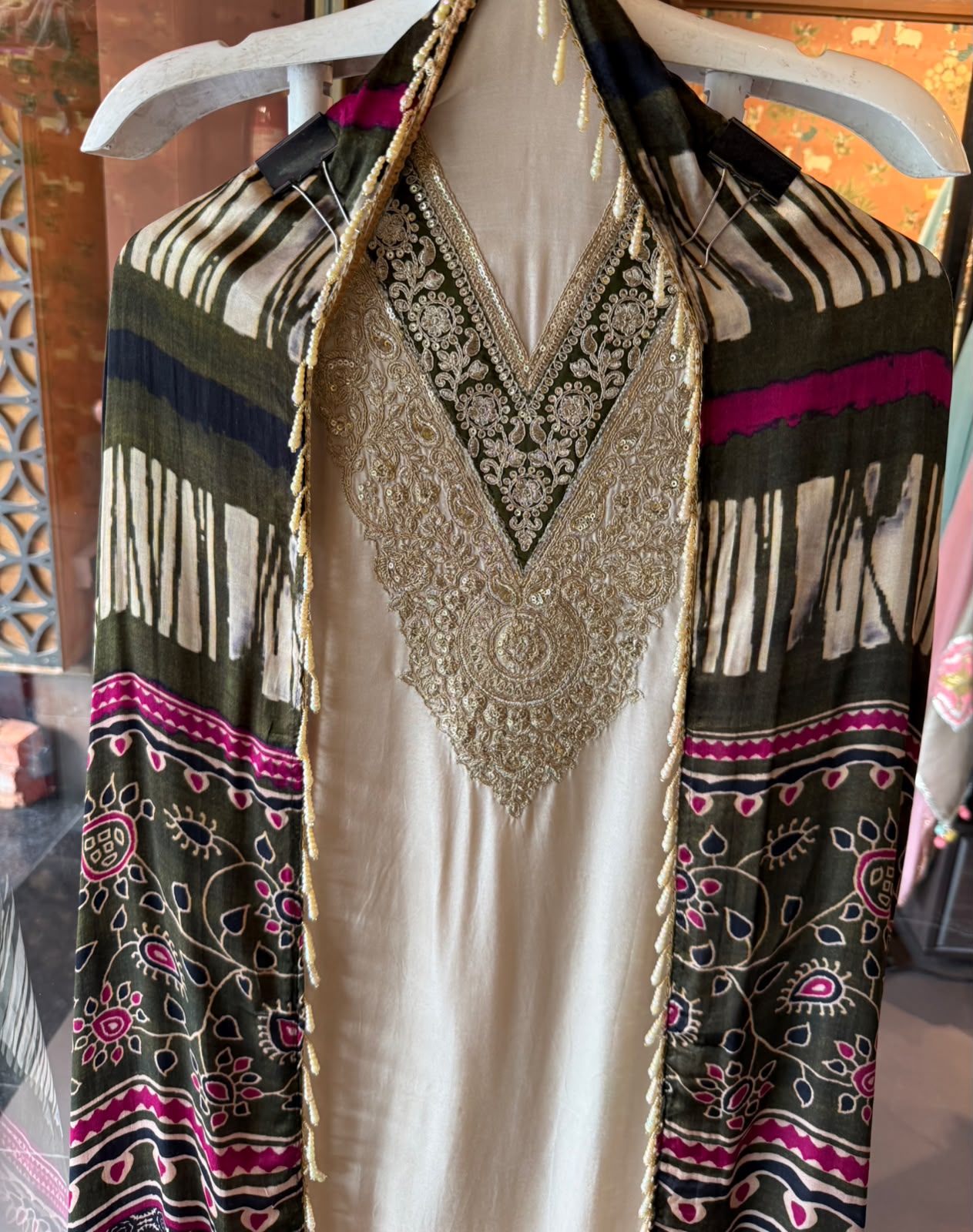 Ajrakh Printed  GAJJI Silk unstitched suit with  Dupattas and Potli bags