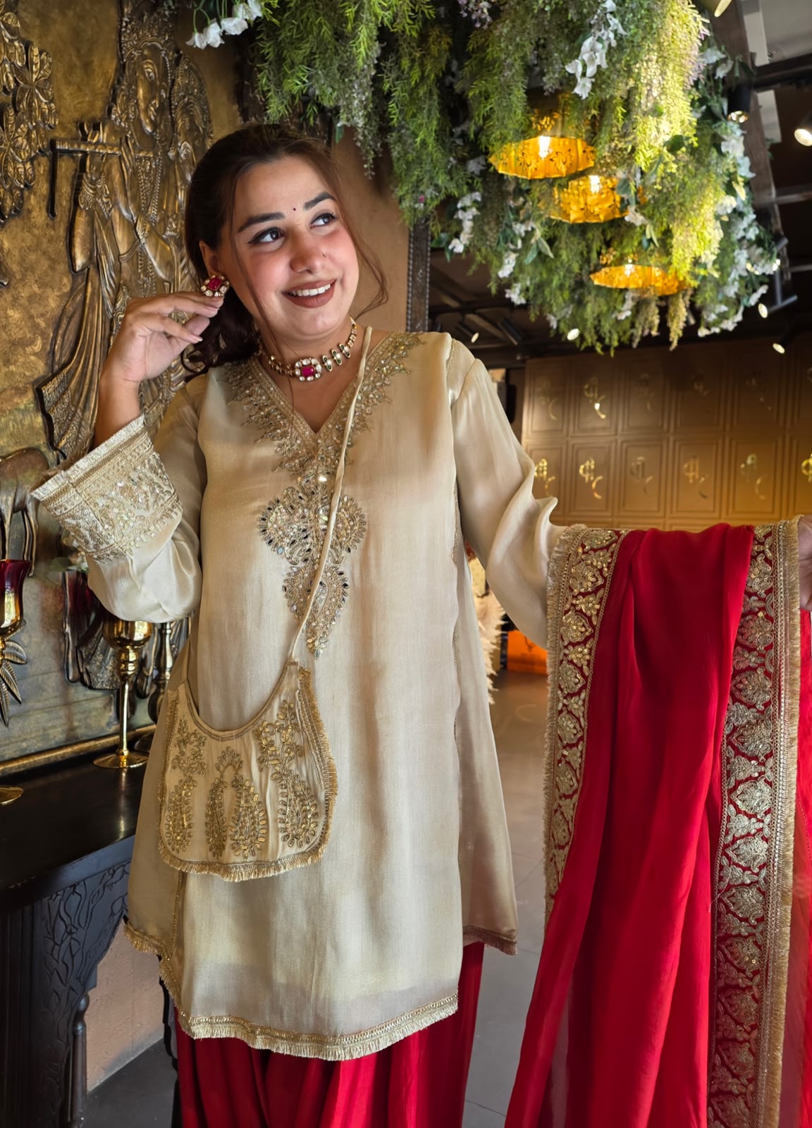 Beautiful ivory  Suit with Red Dupatta