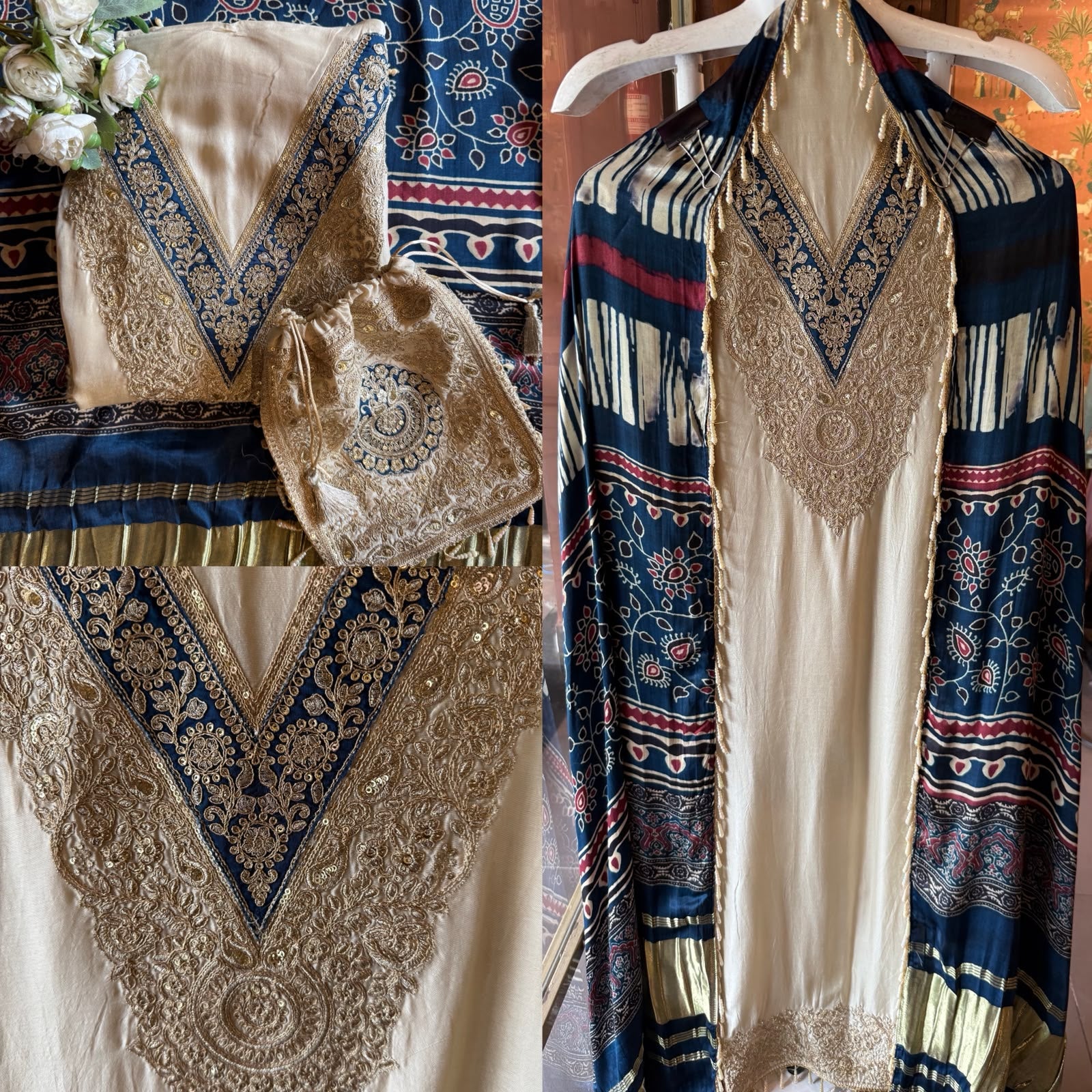 Ajrakh Printed  GAJJI Silk unstitched suit with  Dupattas and Potli bags