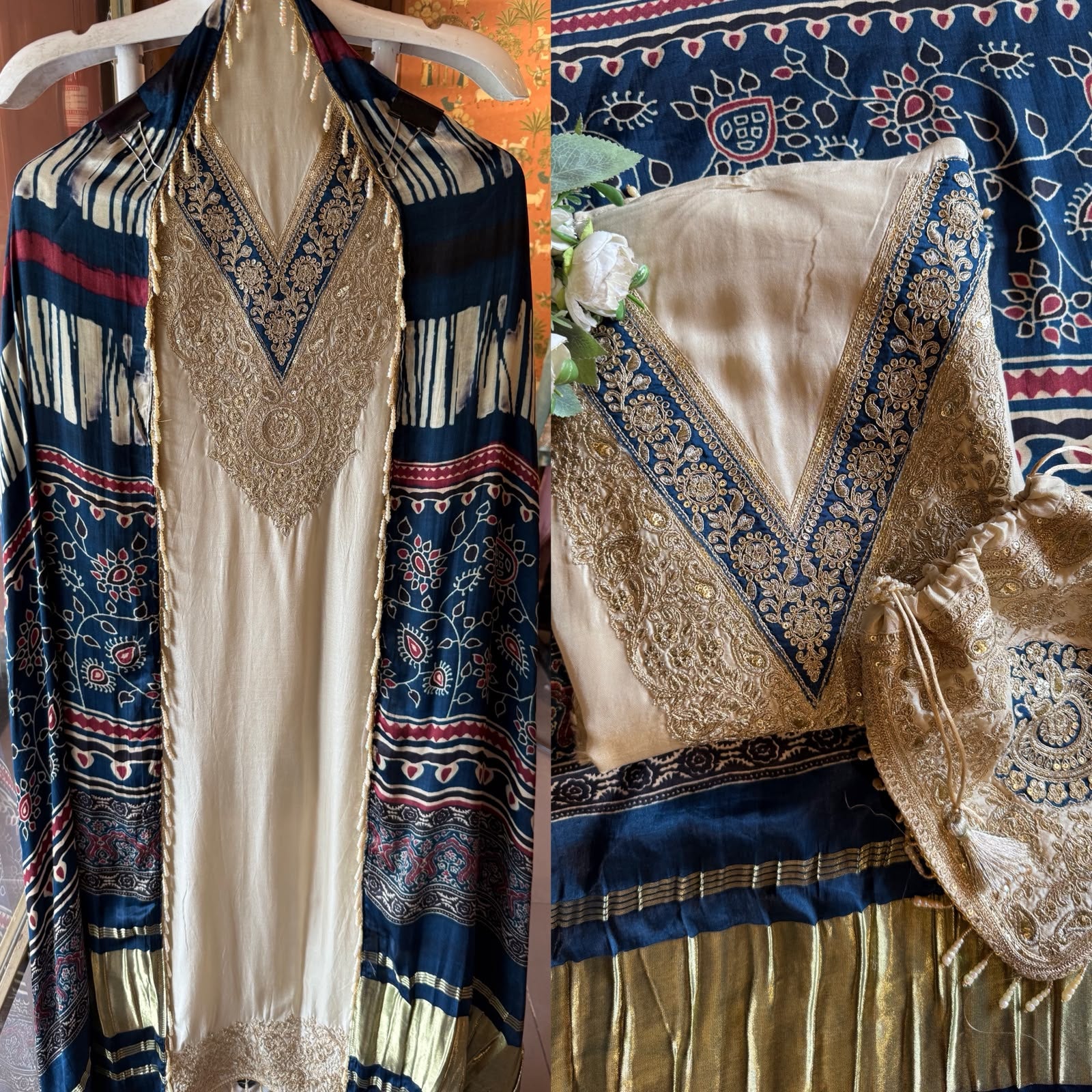 Ajrakh Printed  GAJJI Silk unstitched suit with  Dupattas and Potli bags