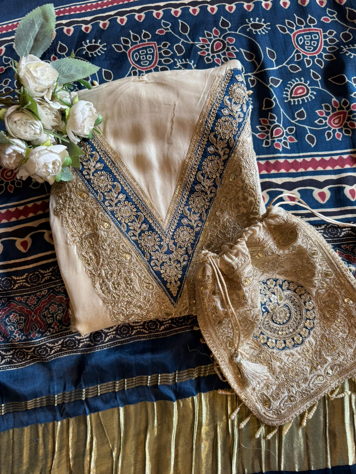 Ajrakh Printed  GAJJI Silk unstitched suit with  Dupattas and Potli bags