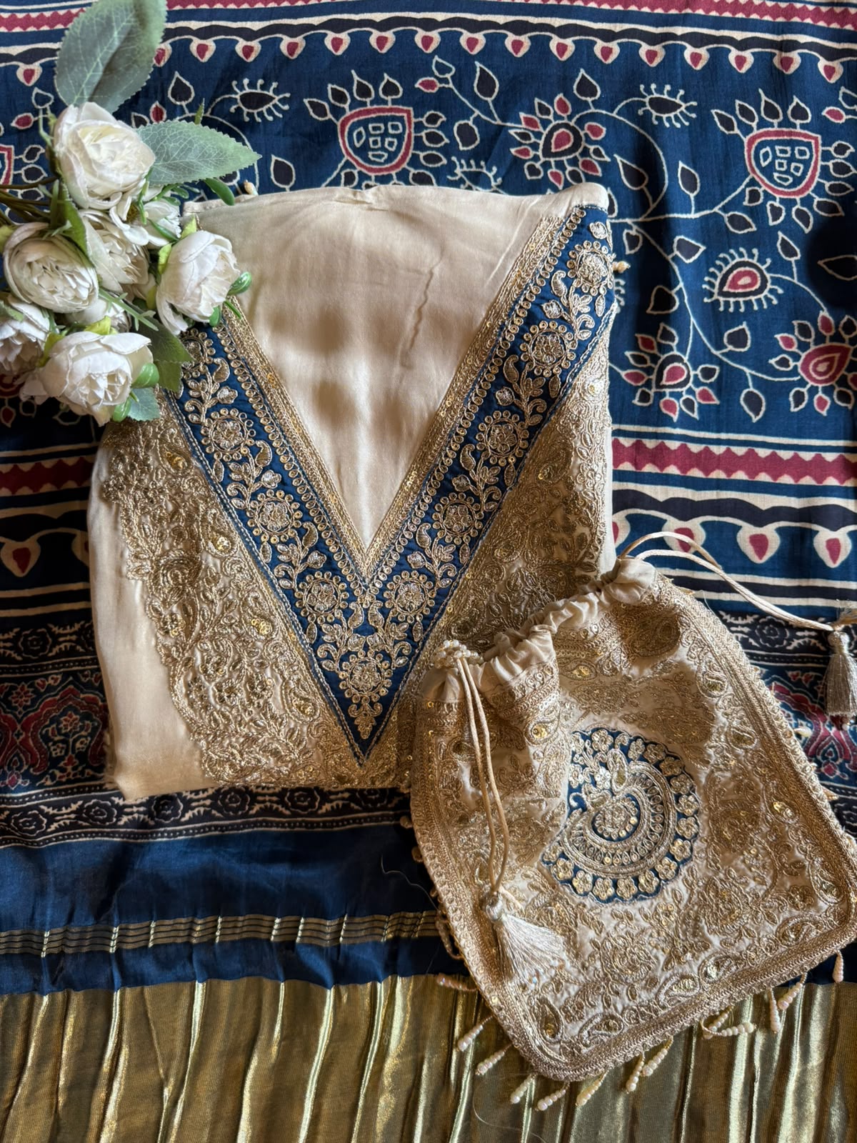 Ajrakh Printed  GAJJI Silk unstitched suit with  Dupattas and Potli bags
