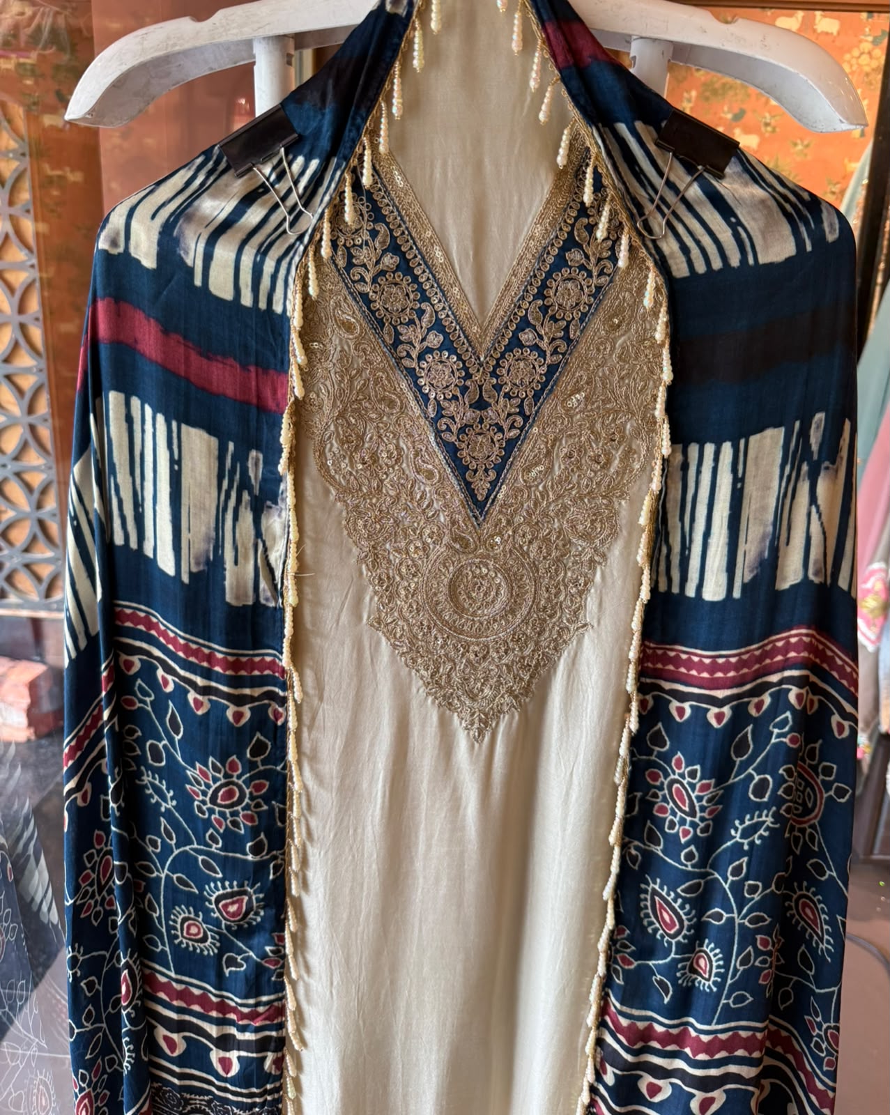 Ajrakh Printed  GAJJI Silk unstitched suit with  Dupattas and Potli bags
