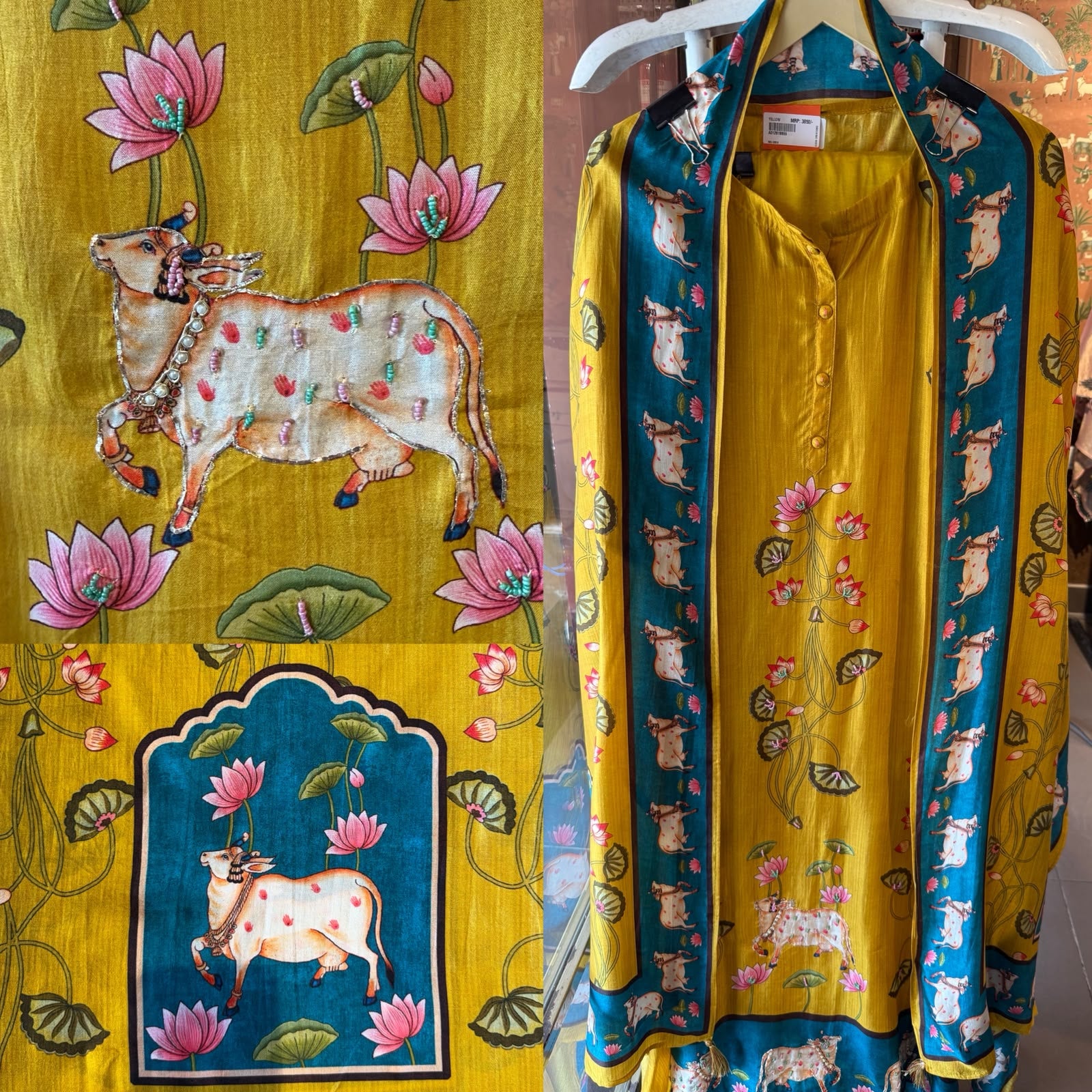 Mustard Yellow Printed Suit Set with PICHWAI art