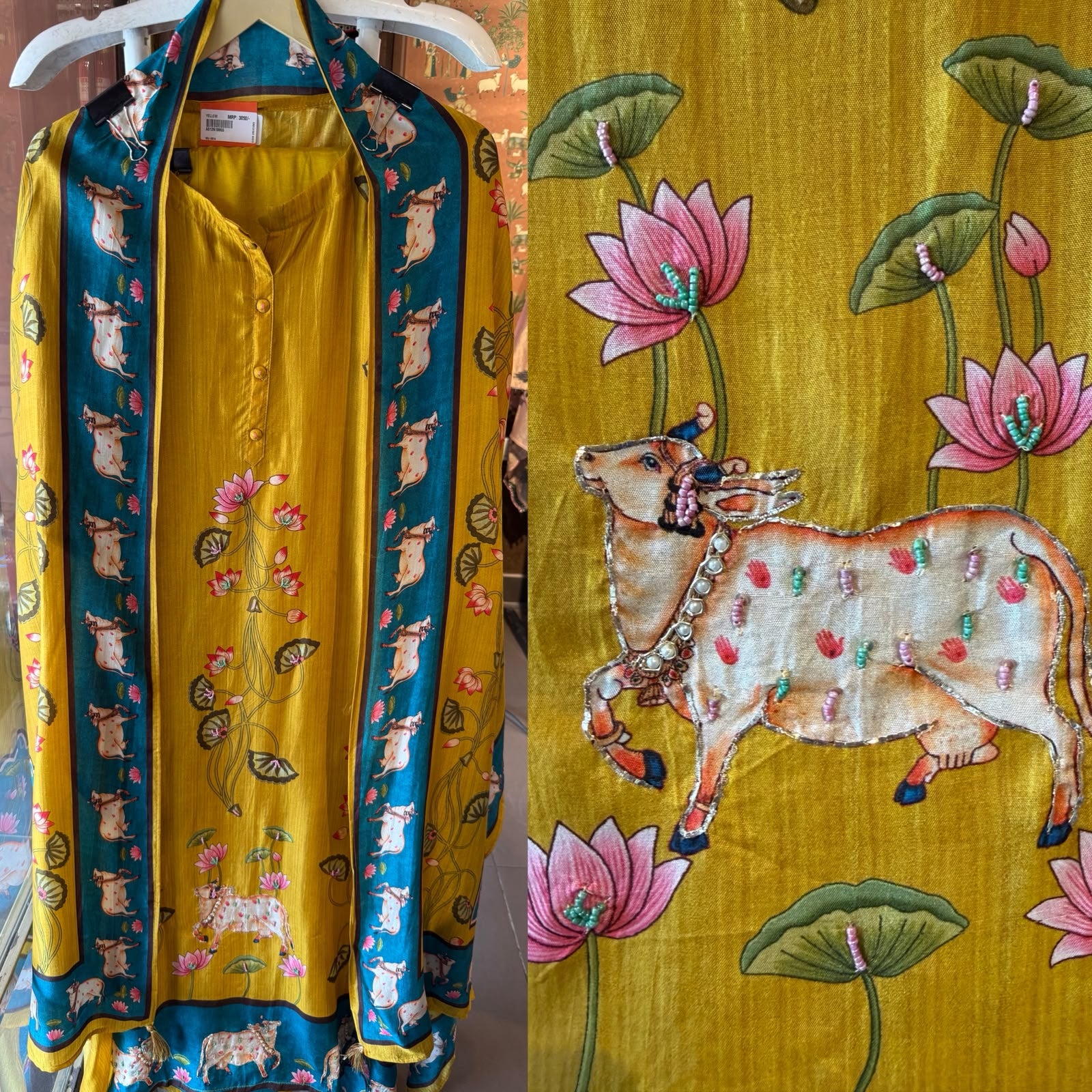 Mustard Yellow Printed Suit Set with PICHWAI art