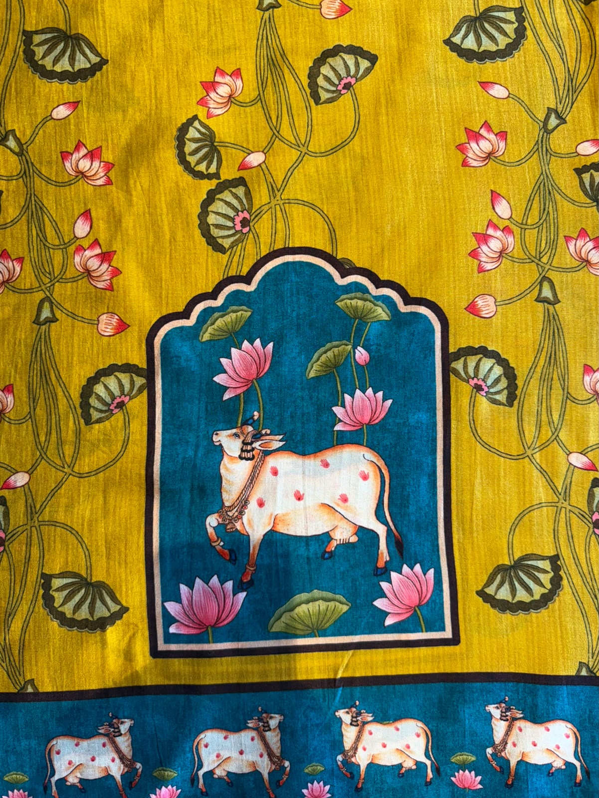 Mustard Yellow Printed Suit Set with PICHWAI art