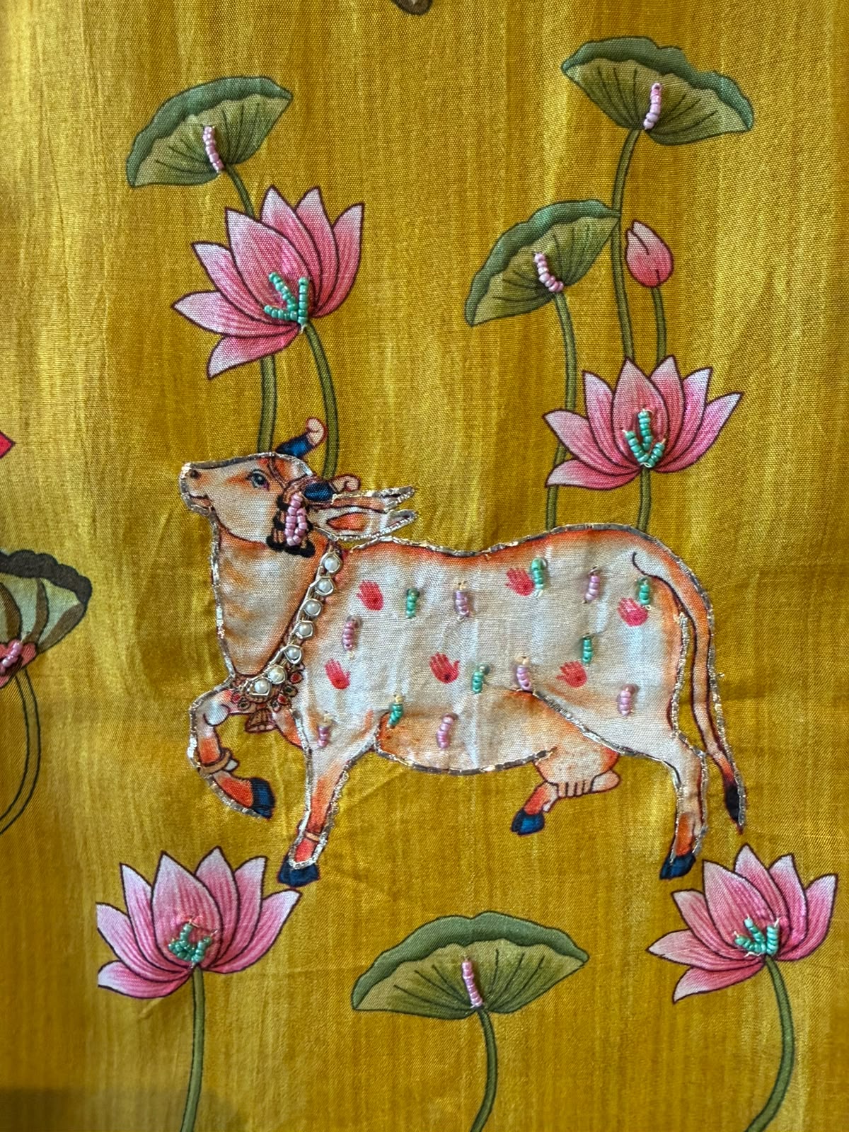 Mustard Yellow Printed Suit Set with PICHWAI art