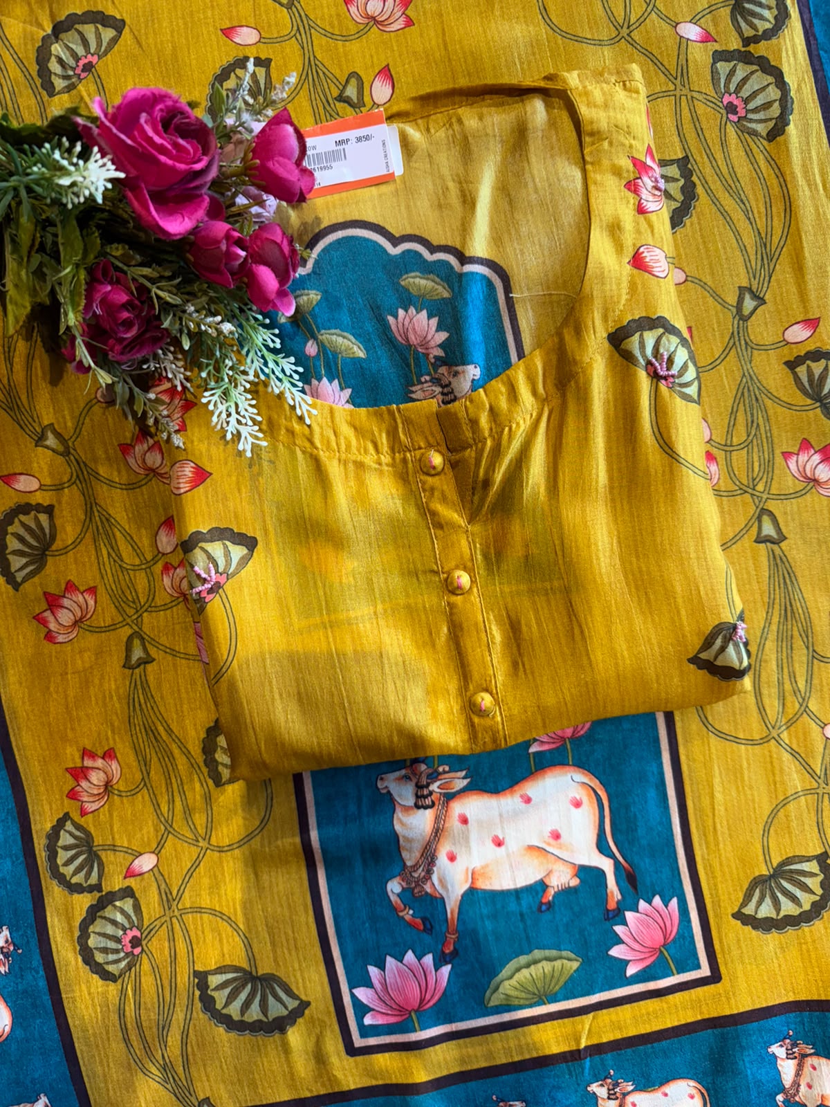 Mustard Yellow Printed Suit Set with PICHWAI art