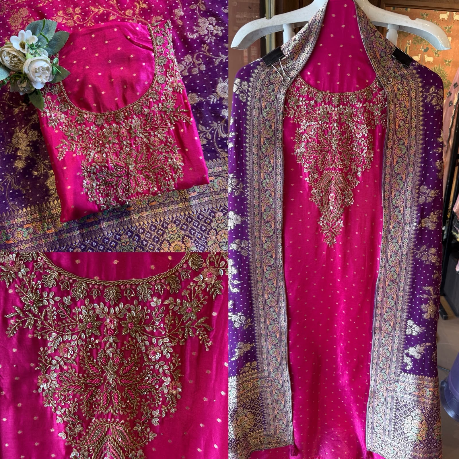 Hand Embroidered Suit Set with dual shaded Banarasi Dupatta