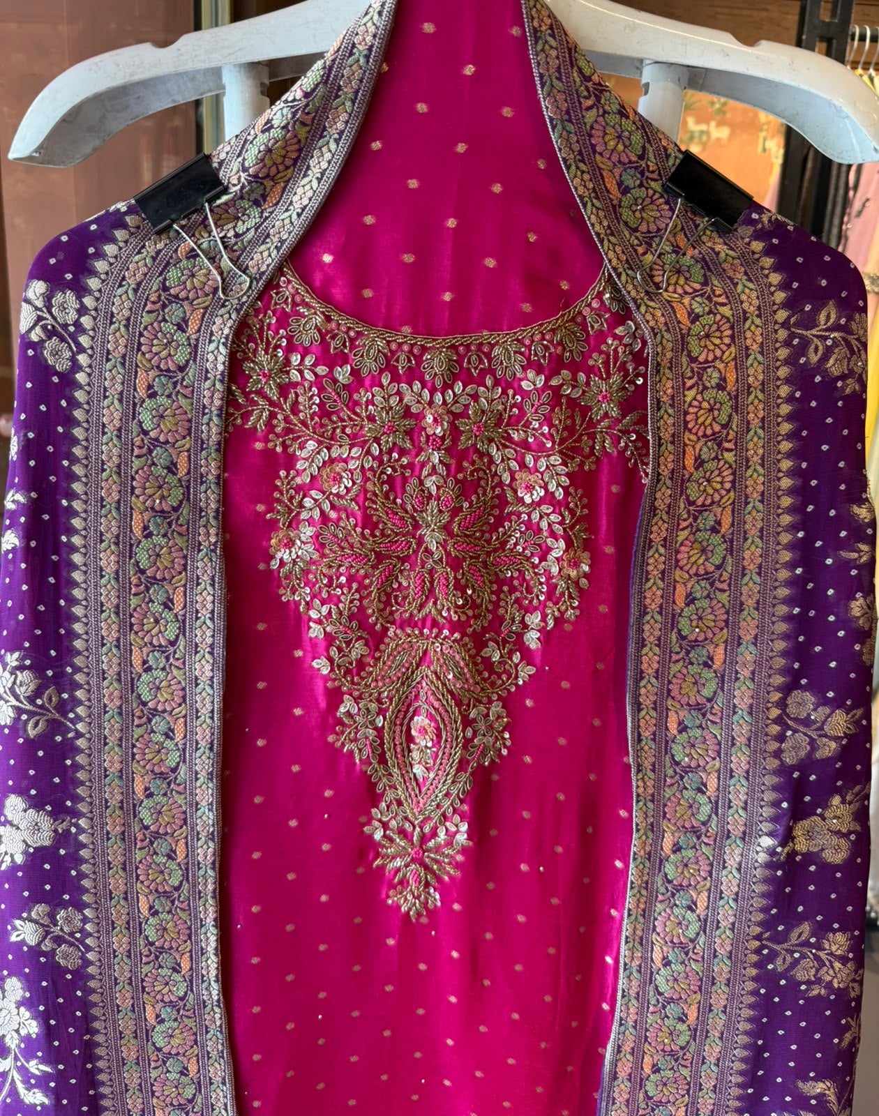 Hand Embroidered Suit Set with dual shaded Banarasi Dupatta