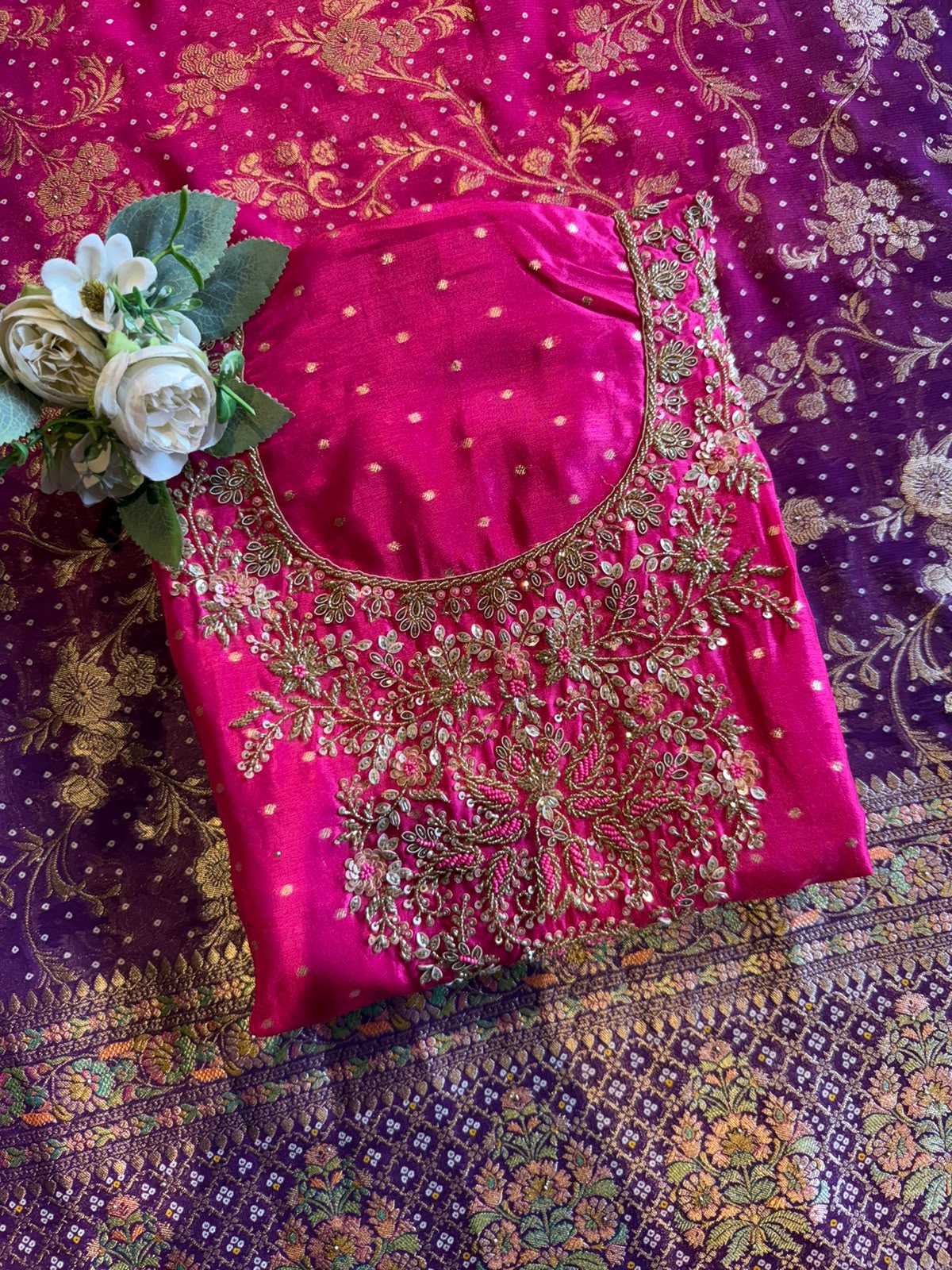 Hand Embroidered Suit Set with dual shaded Banarasi Dupatta