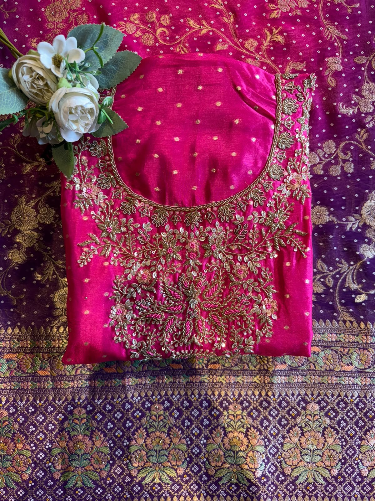 Hand Embroidered Suit Set with dual shaded Banarasi Dupatta