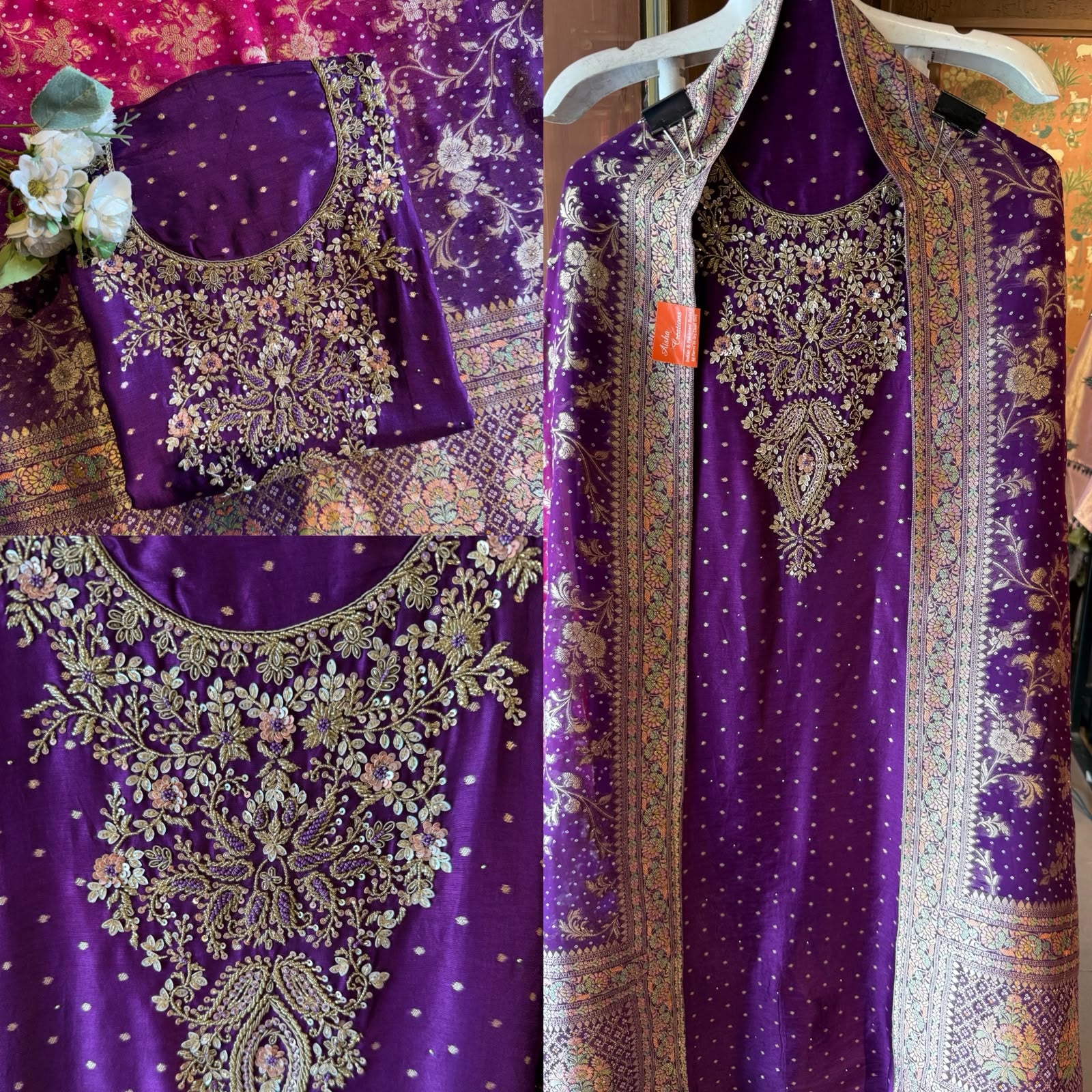 Hand Embroidered Suit Set with dual shaded Banarasi Dupatta