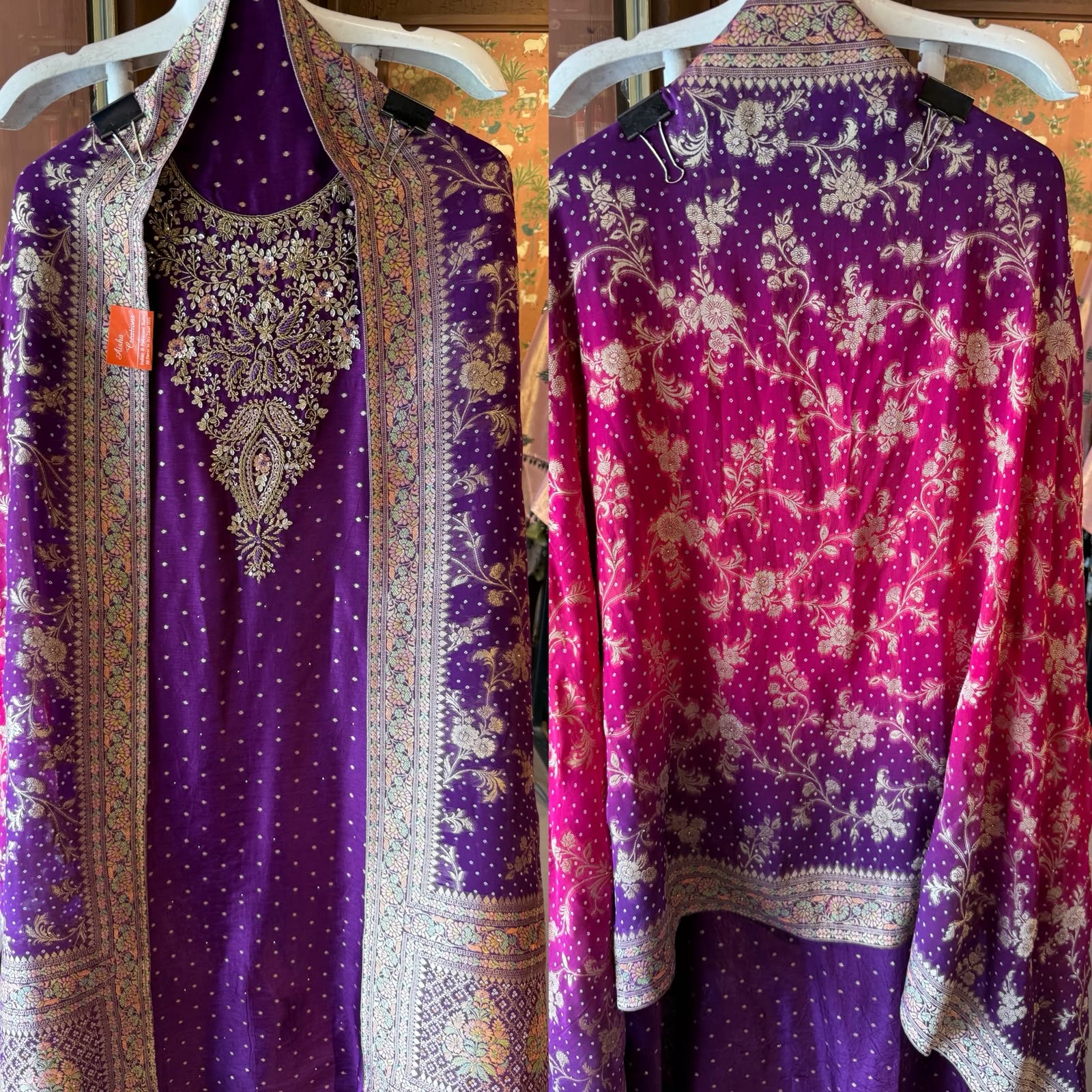 Hand Embroidered Suit Set with dual shaded Banarasi Dupatta
