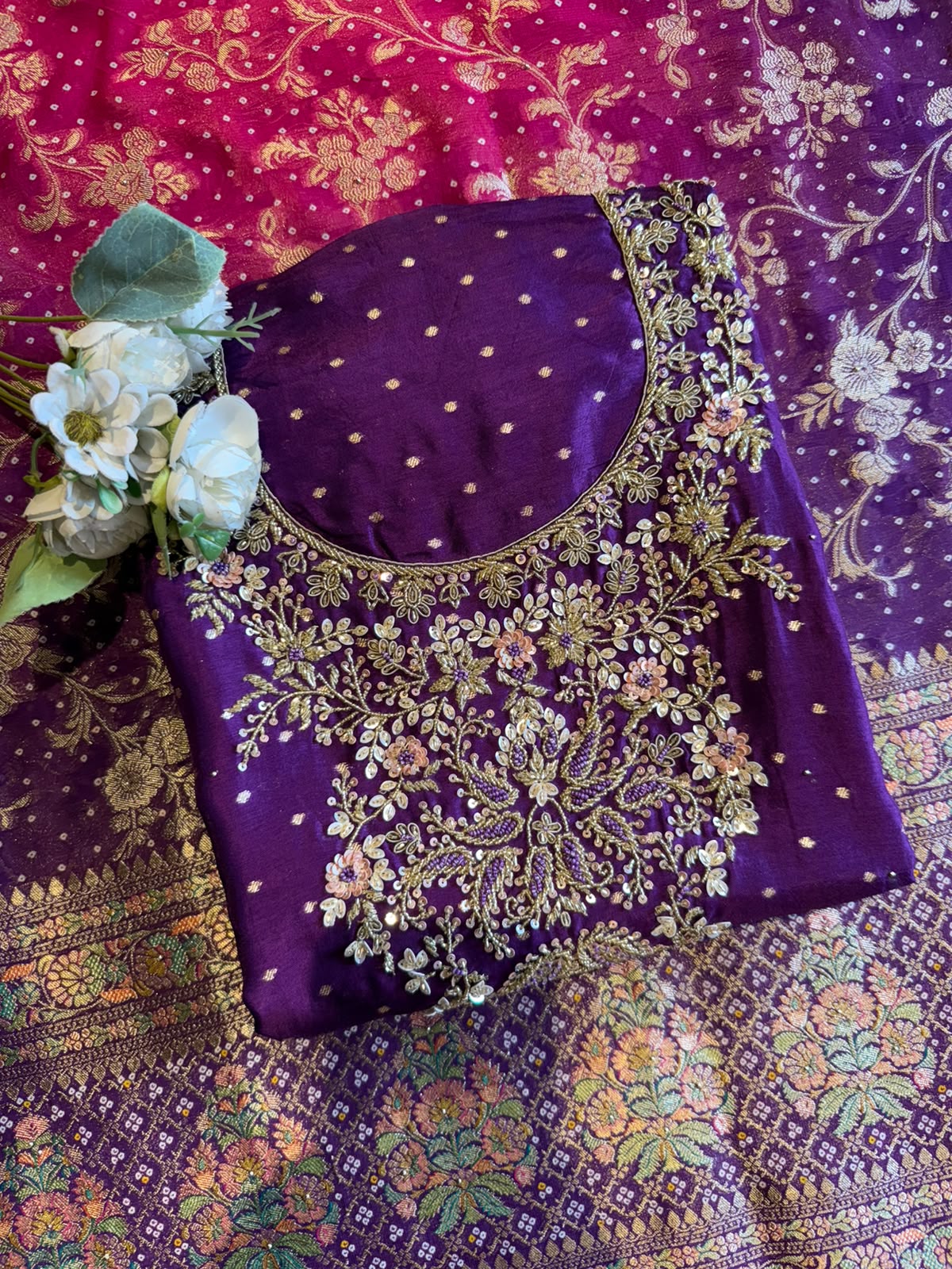 Hand Embroidered Suit Set with dual shaded Banarasi Dupatta