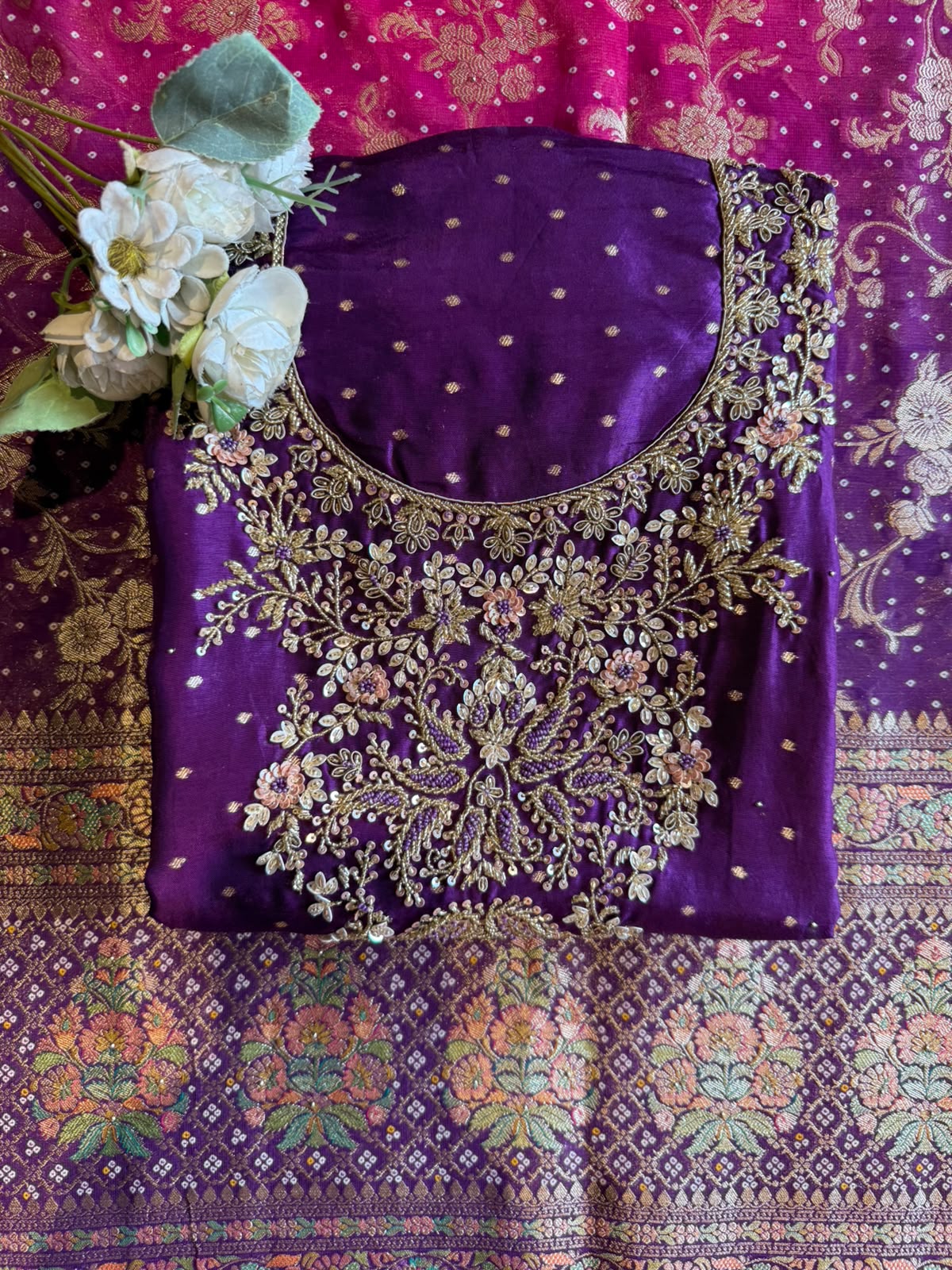 Hand Embroidered Suit Set with dual shaded Banarasi Dupatta