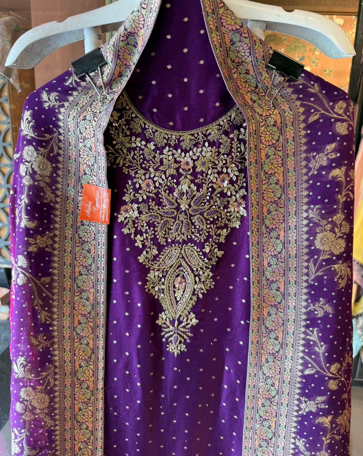 Hand Embroidered Suit Set with dual shaded Banarasi Dupatta