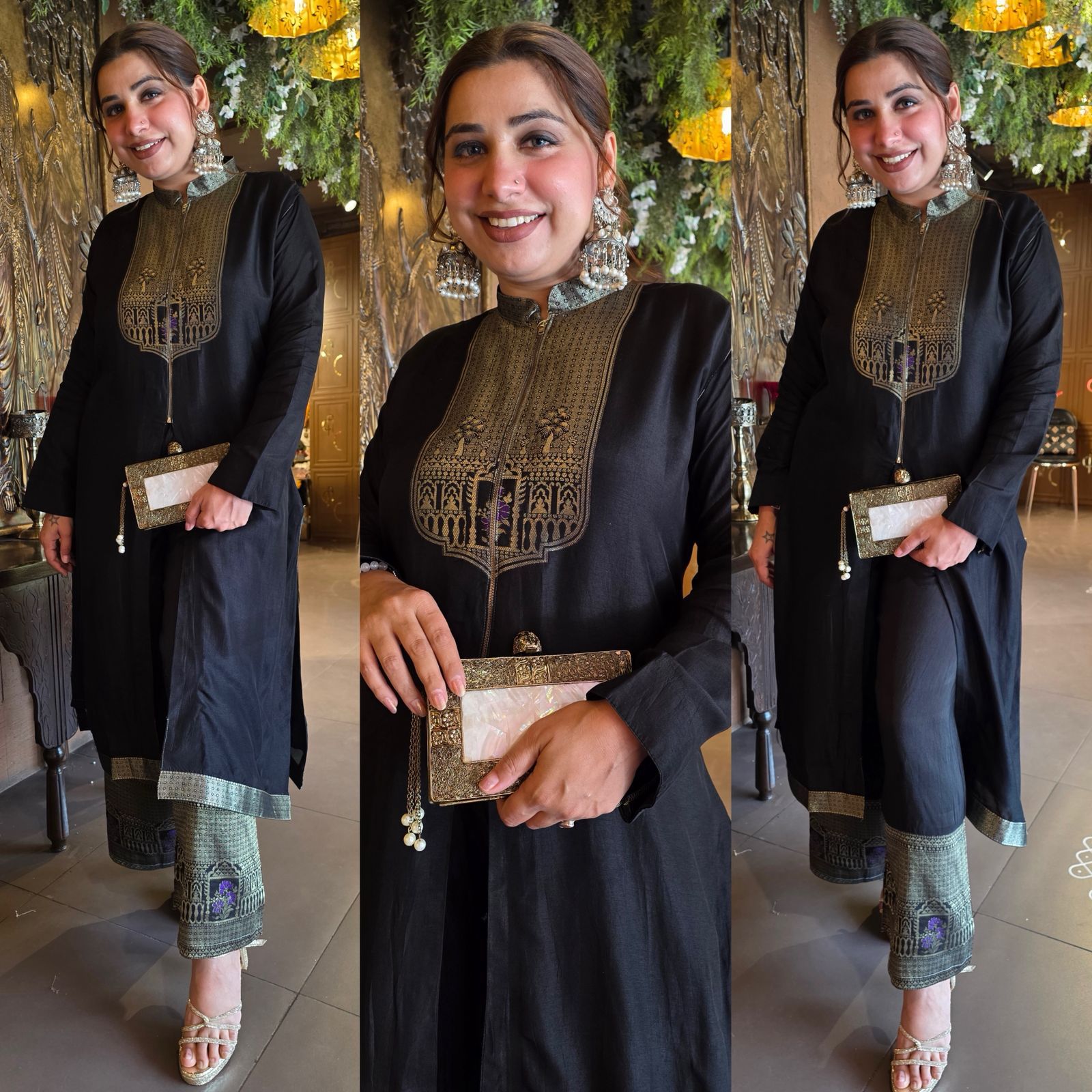 Black raw Silk Designer front cut Set